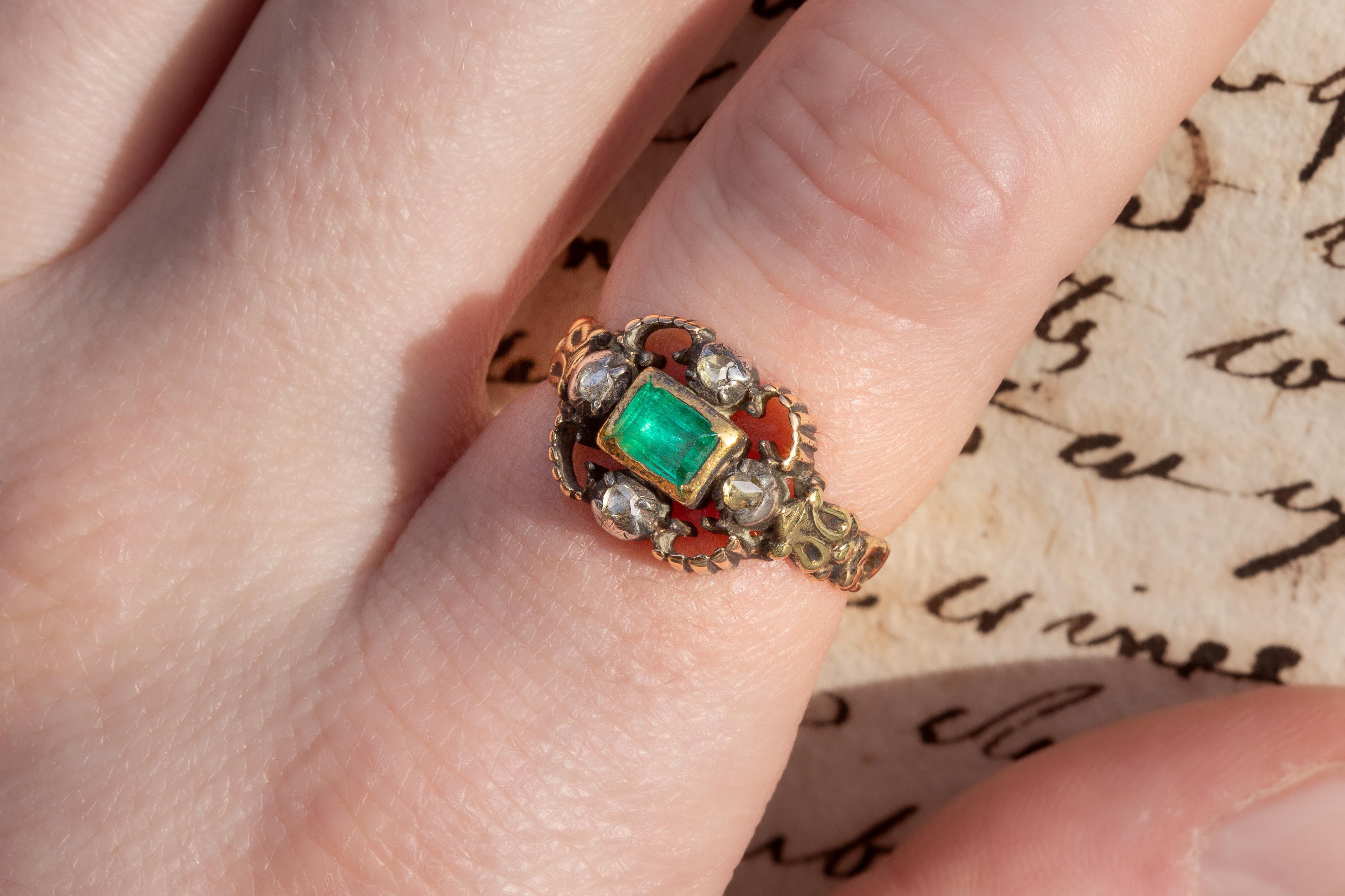 Rare Antique Georgian Late 18th Century Table Cut Emerald and Diamond Ring 6