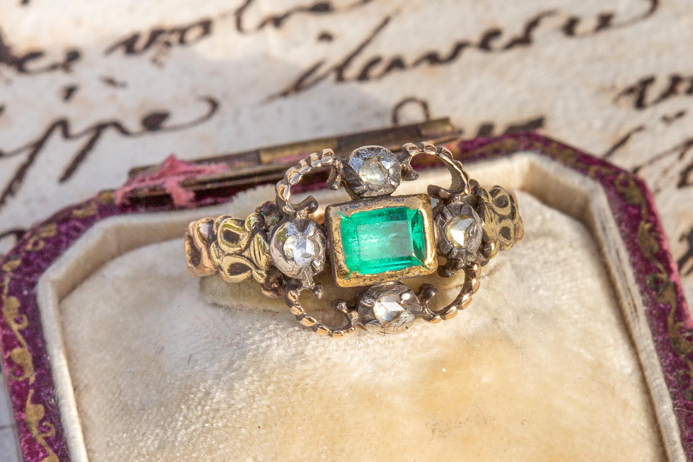 Rare Antique Georgian Late 18th Century Table Cut Emerald and Diamond Ring 1