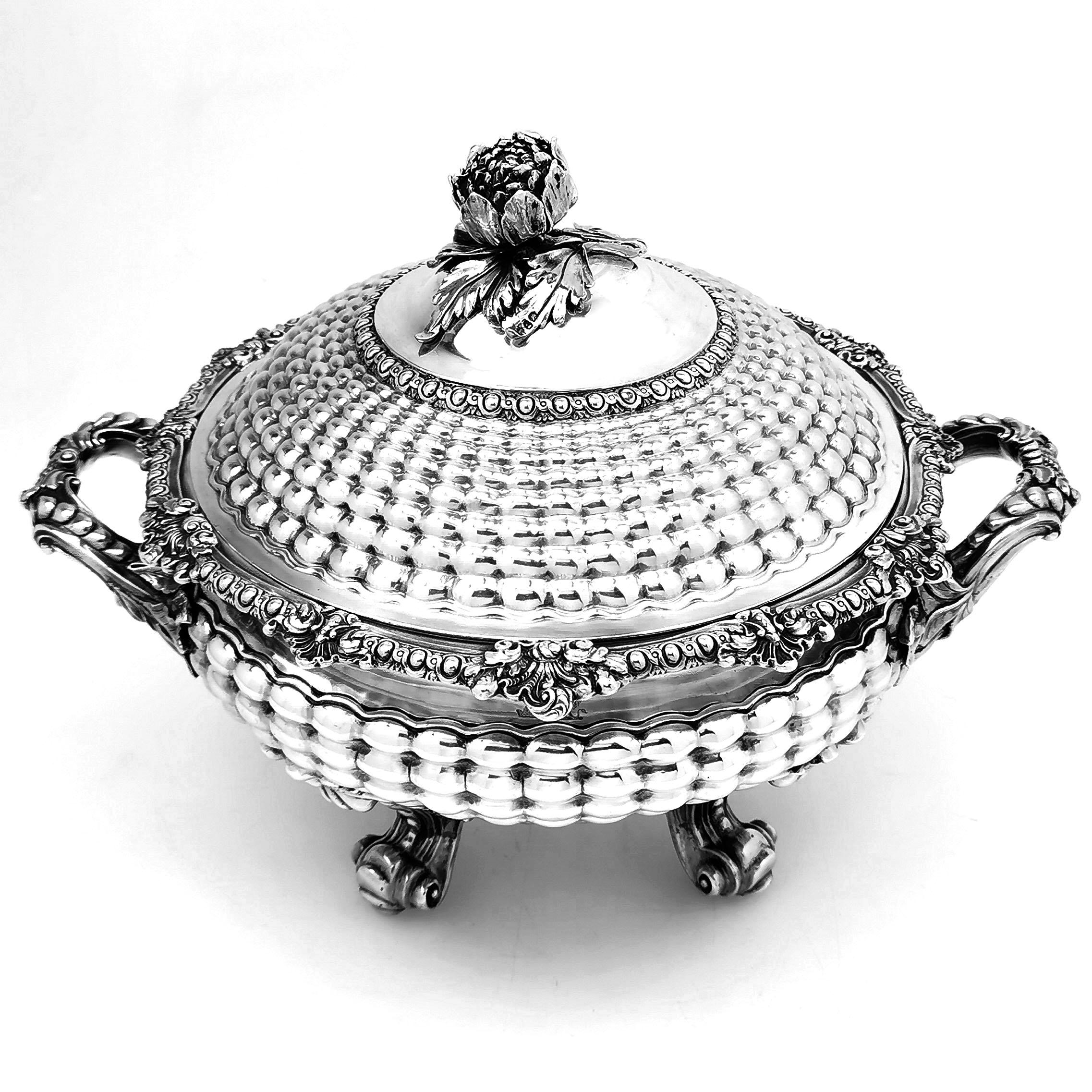 English Rare Antique Georgian Sterling Silver Soup Tureen Quilted Pattern, 1827
