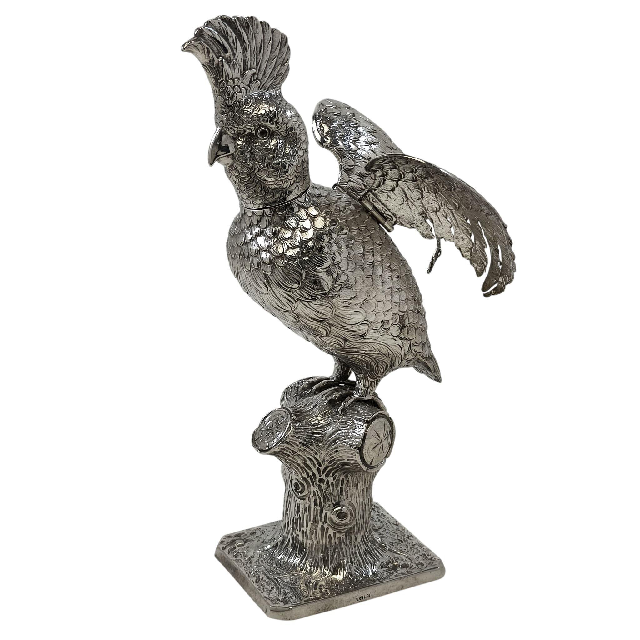 XIX secolo Raro esemplare antico di uccello cacatua in argento massiccio tedesco del 1890 ca. in vendita