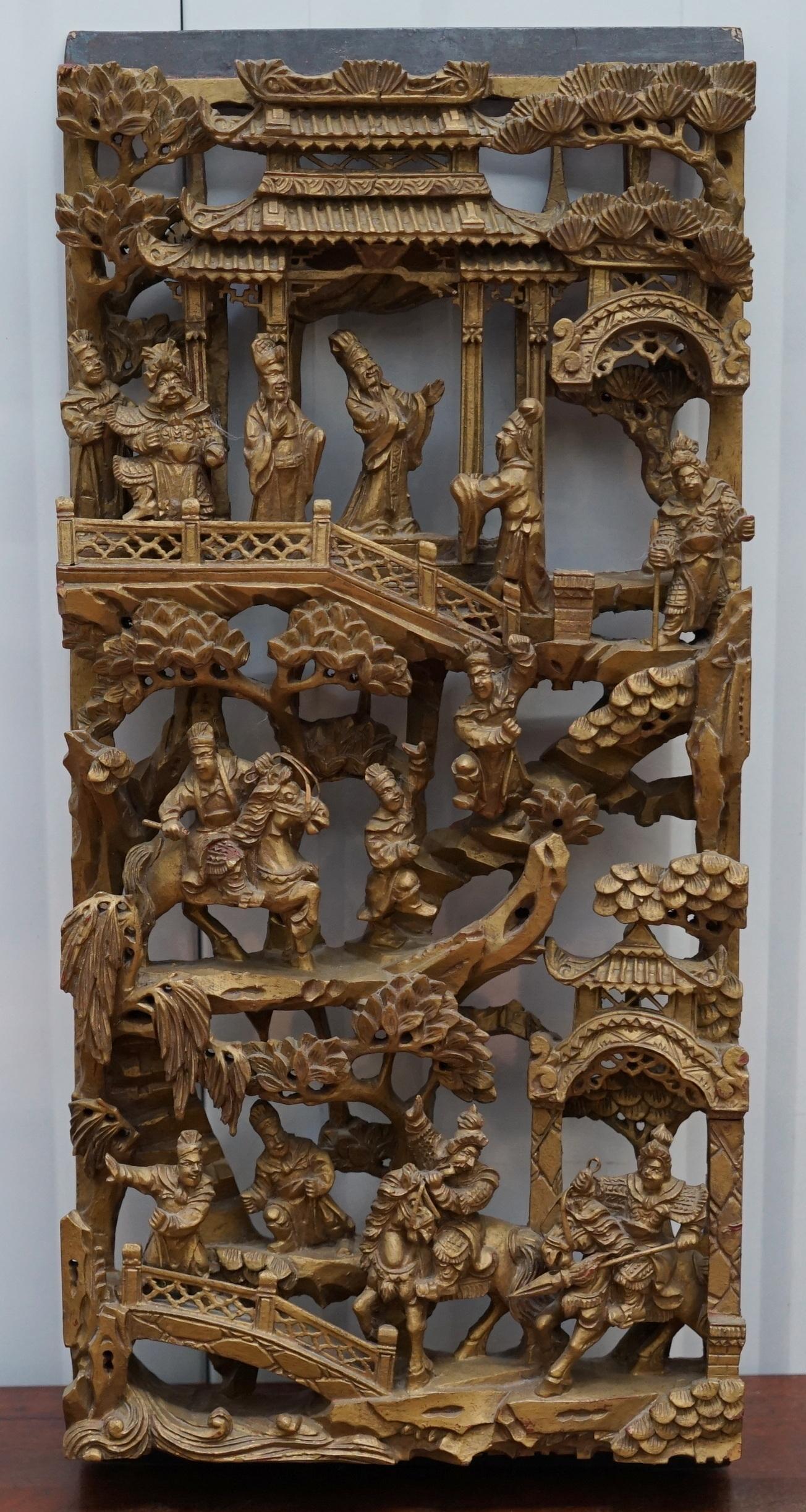 Chinese Export Rare Antique Giltwood Hand-Carved Chinese Panel, Late 19th-Early 20th Century