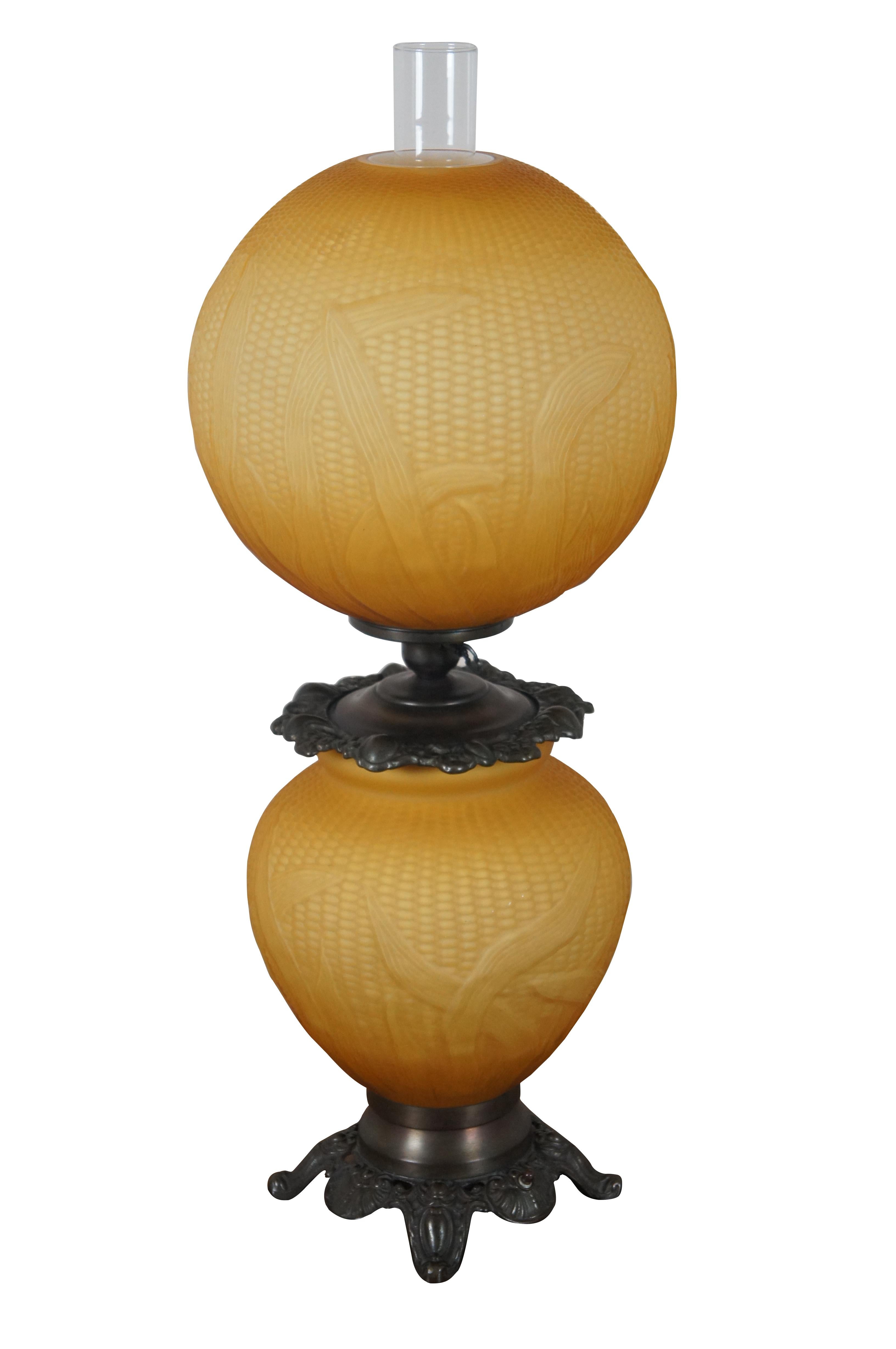 Very rare and impressive Antique Victorian Gone with the Wind yellow satin glass double globe (converted to electric) parlor oil table lamp / lantern with hurricane and a molded corn cob / maze pattern with leaves. Marked BC-4-W on base. Three way