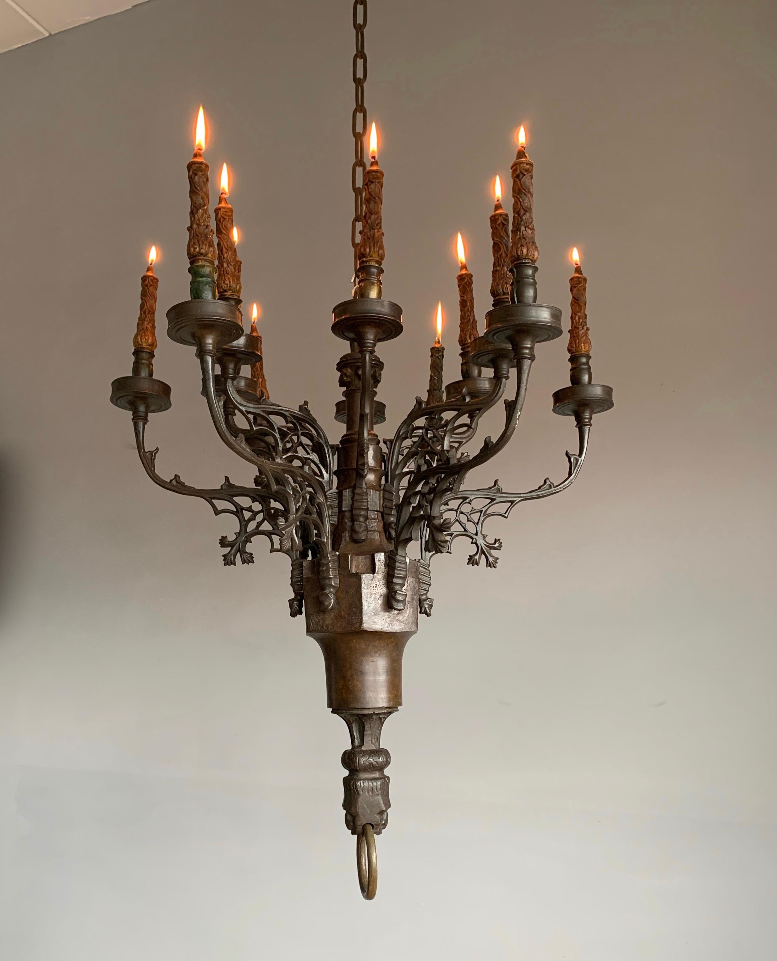 Rare Antique Gothic Revival Bronze 12 Candle Chandelier with Gargoyle Sculptures For Sale 2