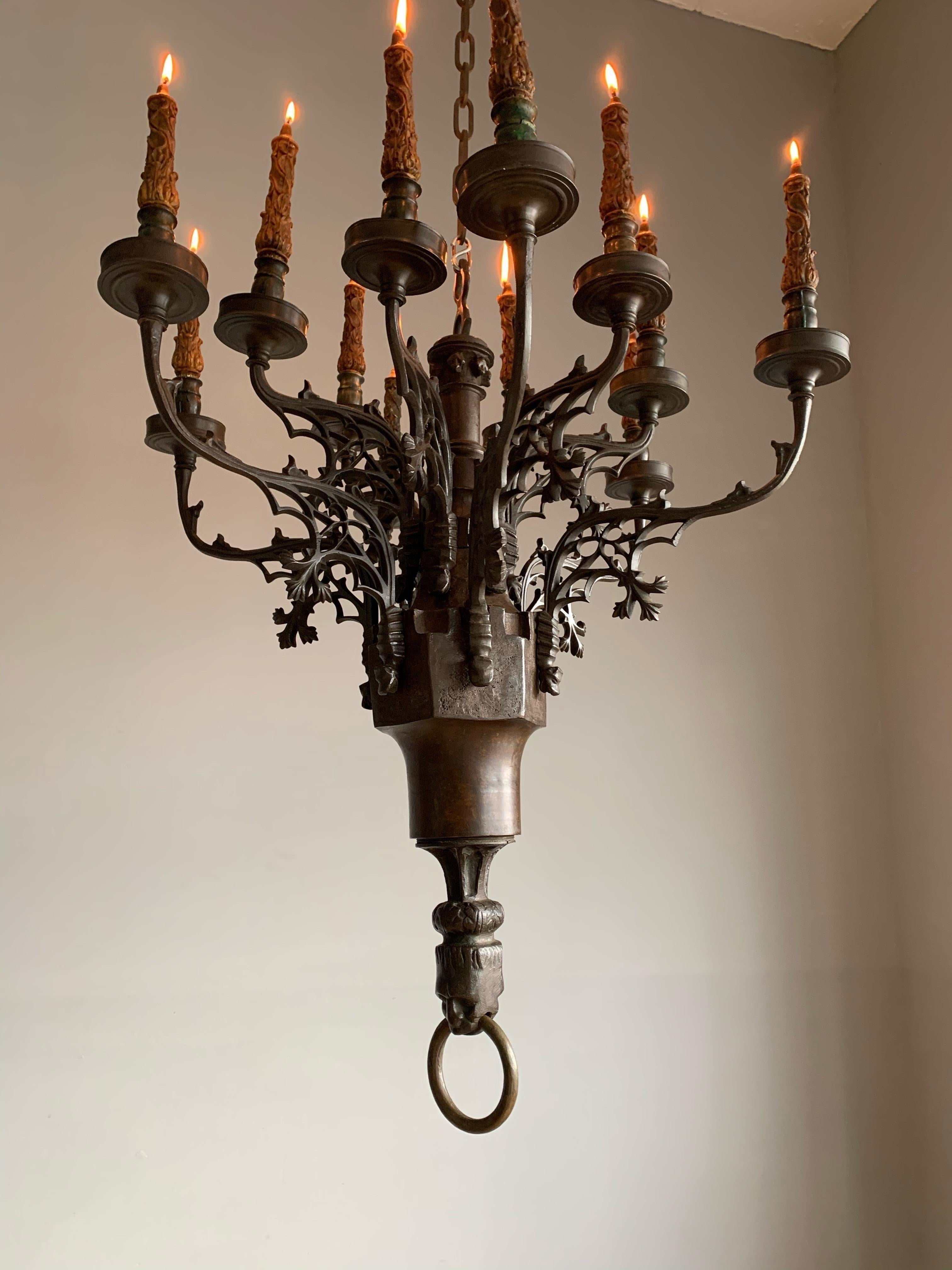 Rare Antique Gothic Revival Bronze 12 Candle Chandelier with Gargoyle Sculptures For Sale 4