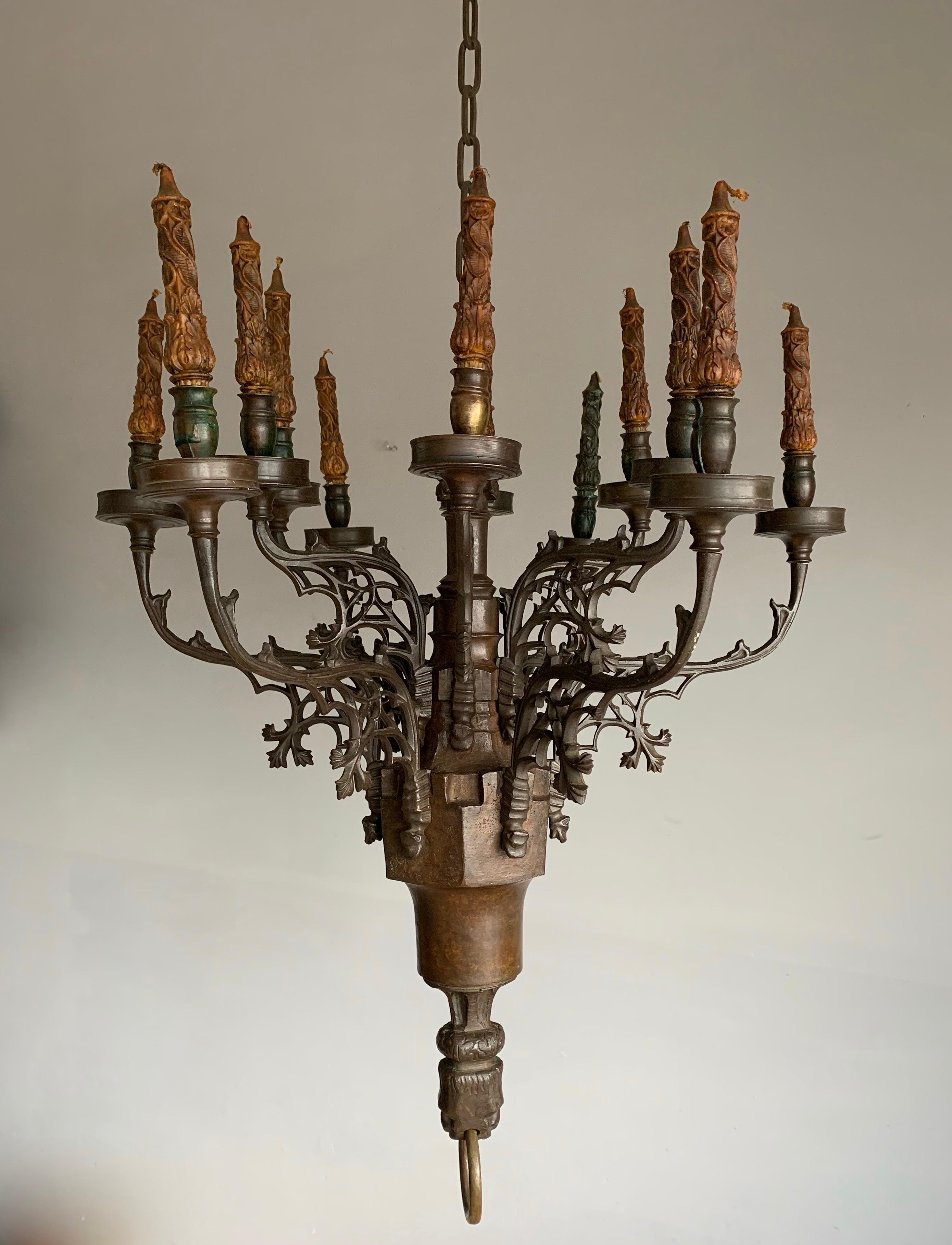 Rare Antique Gothic Revival Bronze 12 Candle Chandelier with Gargoyle Sculptures For Sale 9