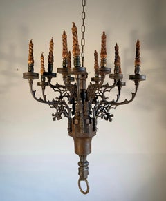 Rare Antique Gothic Revival Bronze 12 Candle Chandelier with Gargoyle Sculptures