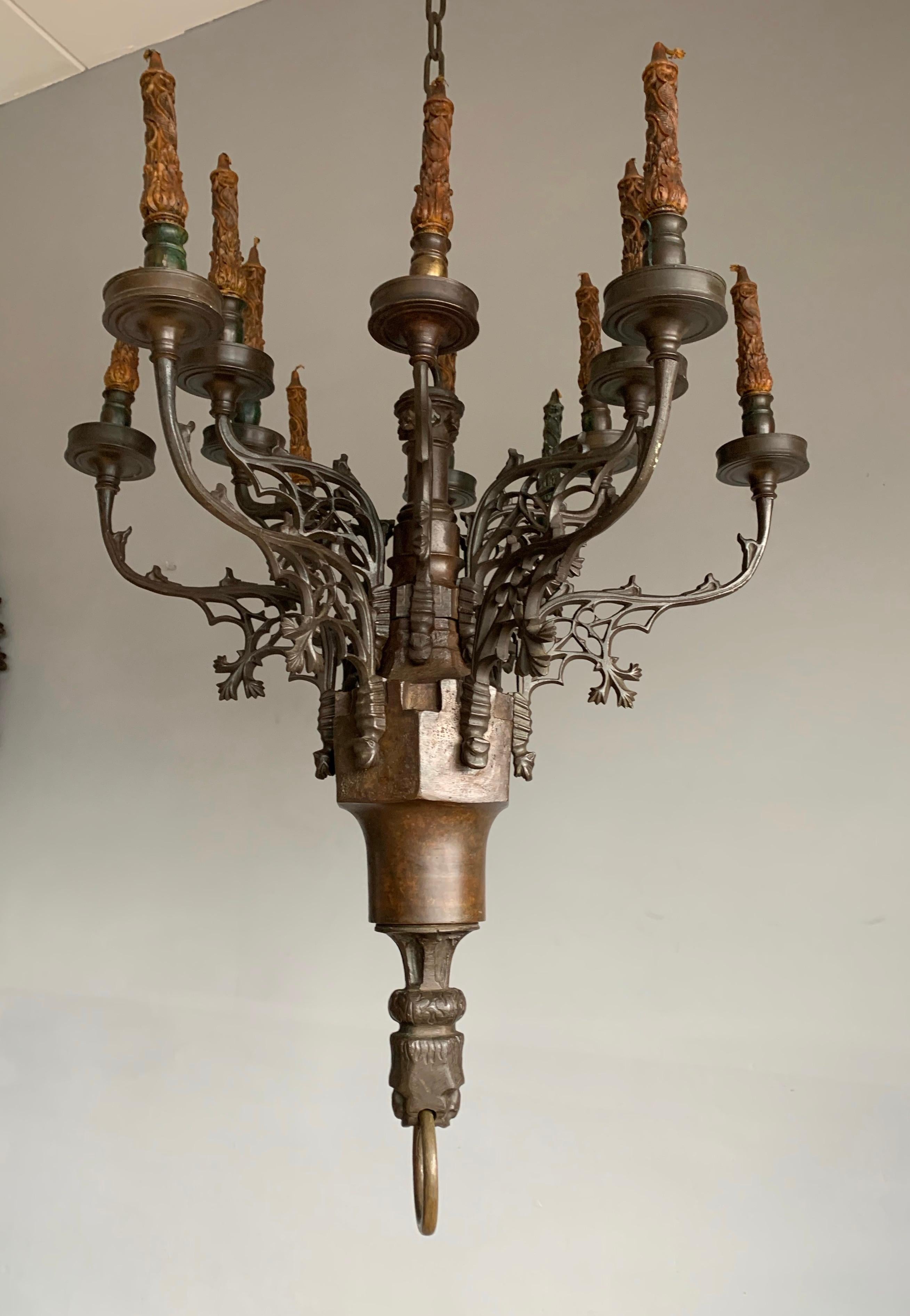 Rare Antique Gothic Revival Bronze 12 Candle Chandelier with Gargoyle Sculptures For Sale 11