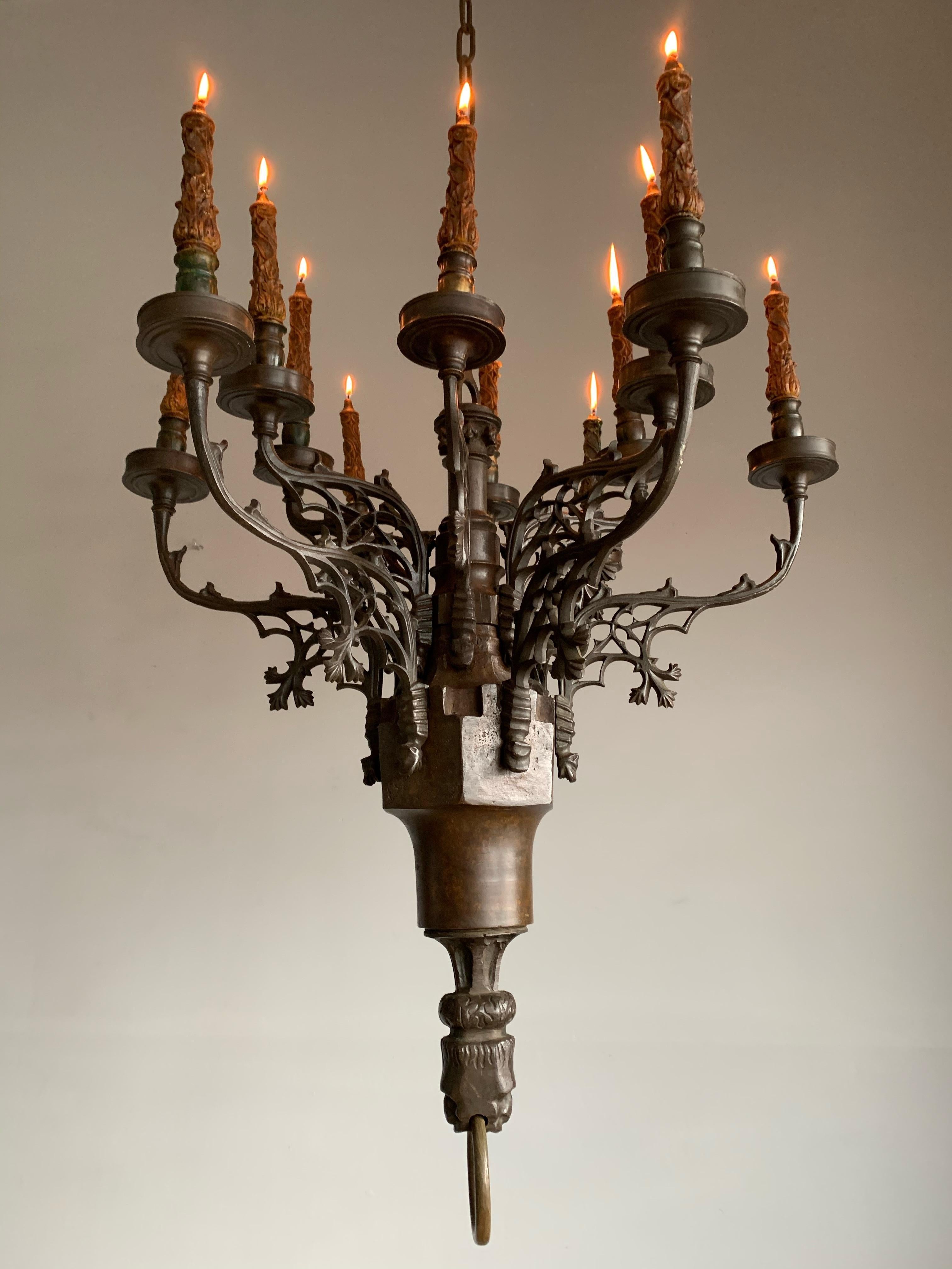 French Rare Antique Gothic Revival Bronze 12 Candle Chandelier with Gargoyle Sculptures For Sale