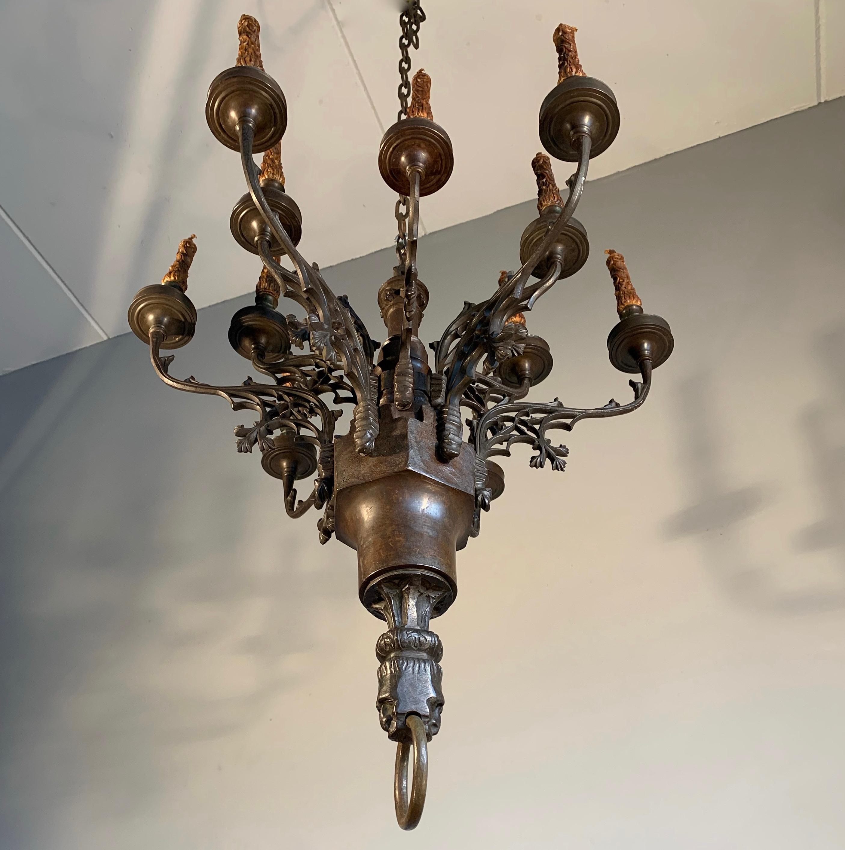 19th Century Rare Antique Gothic Revival Bronze 12 Candle Chandelier with Gargoyle Sculptures For Sale