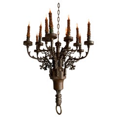 Rare Antique Gothic Revival Bronze 12 Candle Chandelier with Gargoyle Sculptures