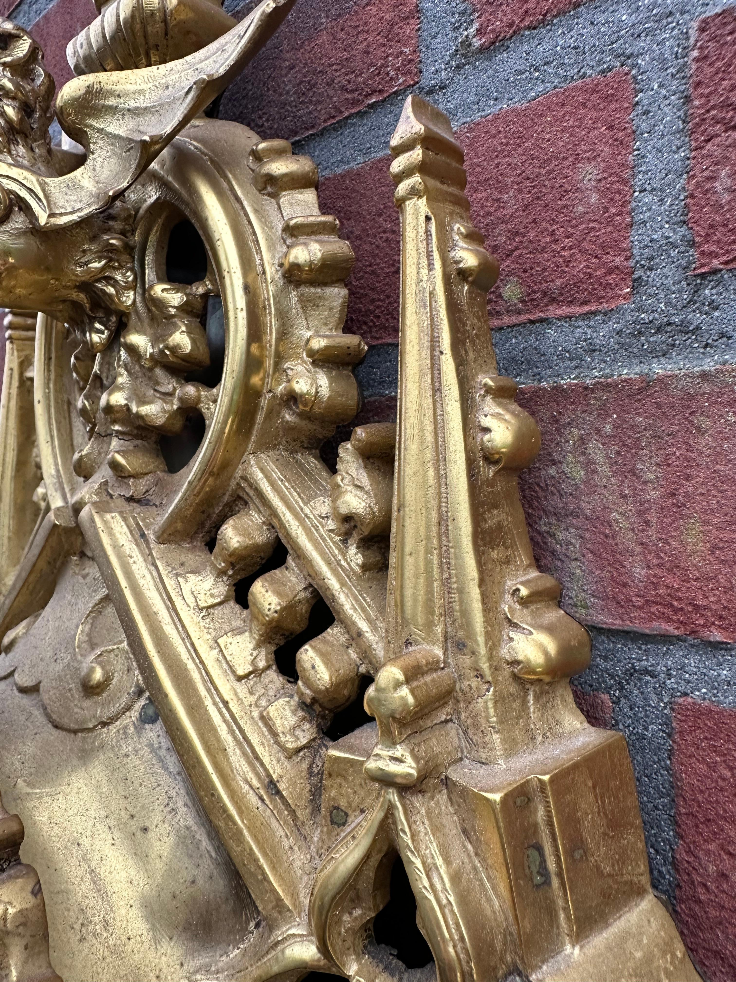 Rare Antique Revive Gothic Bronze Gilt Wall Cartel Clock with Griffin Sculpture en vente 7