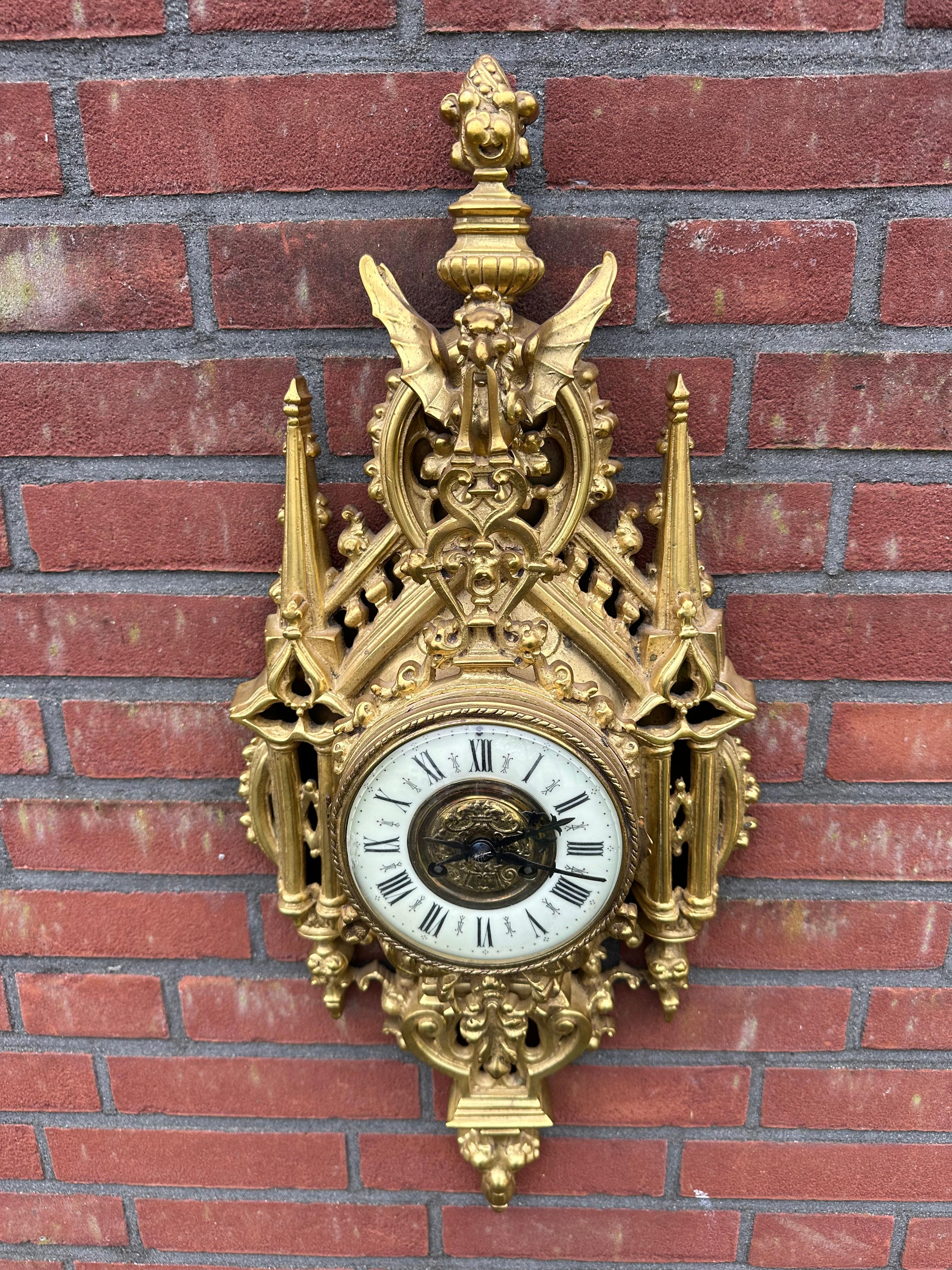 Rare Antique Gothic Revival Gilt Bronze Wall Cartel Clock with Griffin Sculpture For Sale 11