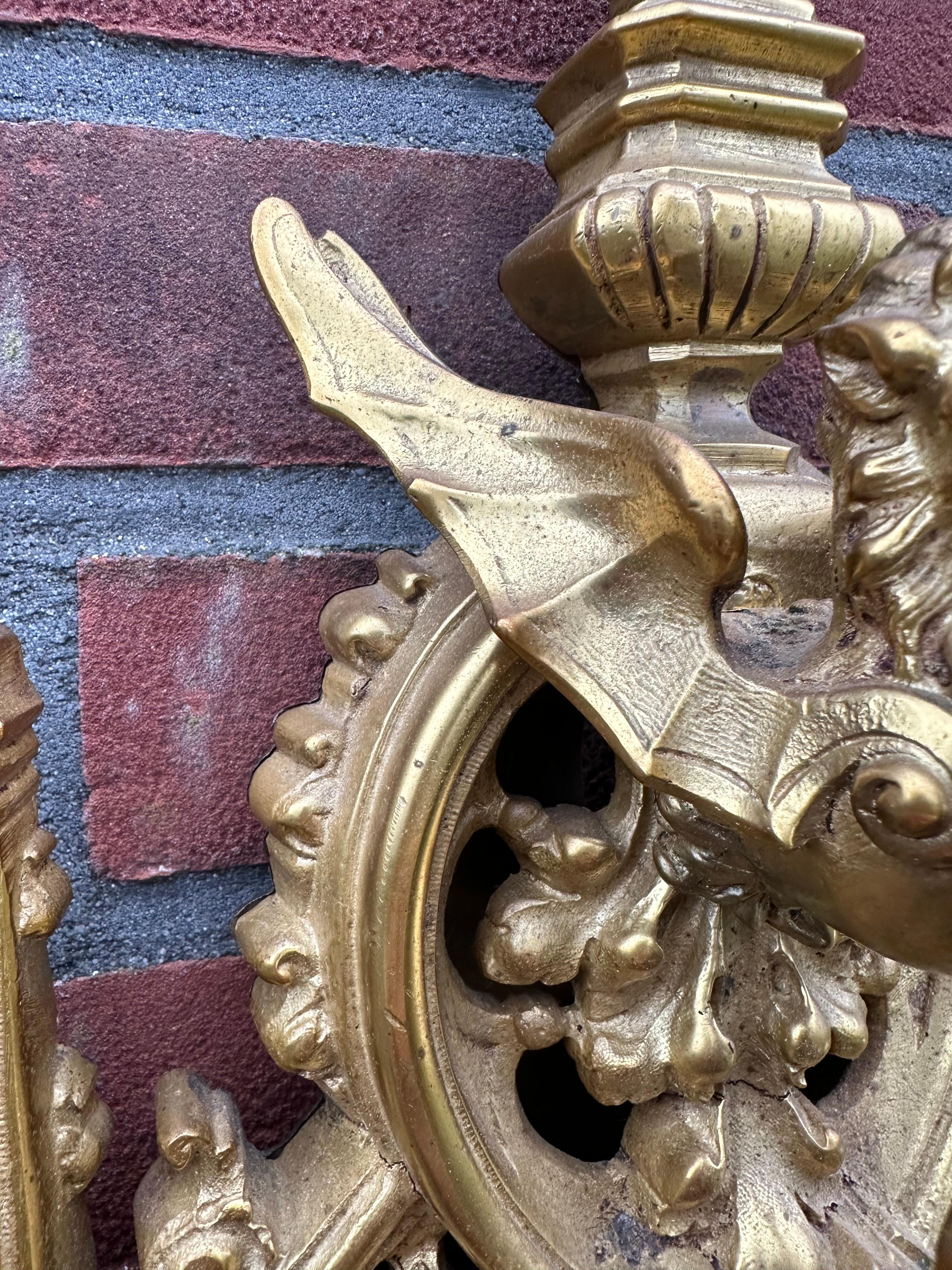 Verre Rare Antique Revive Gothic Bronze Gilt Wall Cartel Clock with Griffin Sculpture en vente
