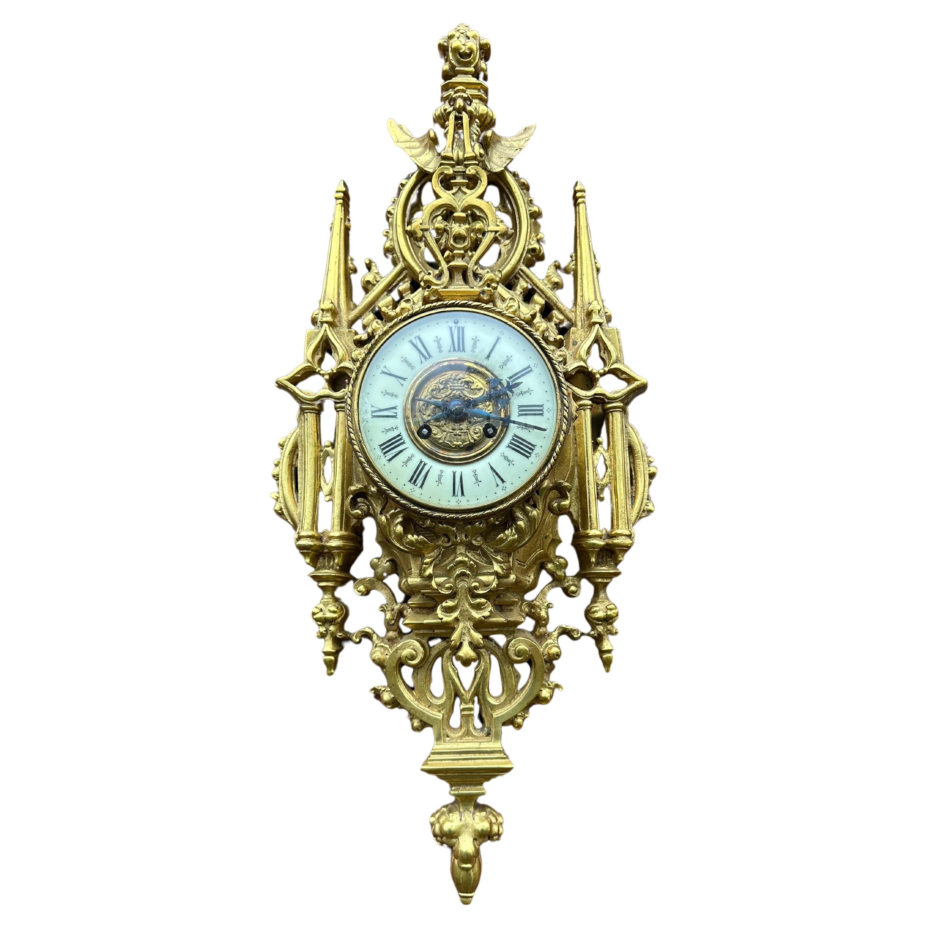 Rare Antique Gothic Revival Gilt Bronze Wall Cartel Clock with Griffin Sculpture For Sale