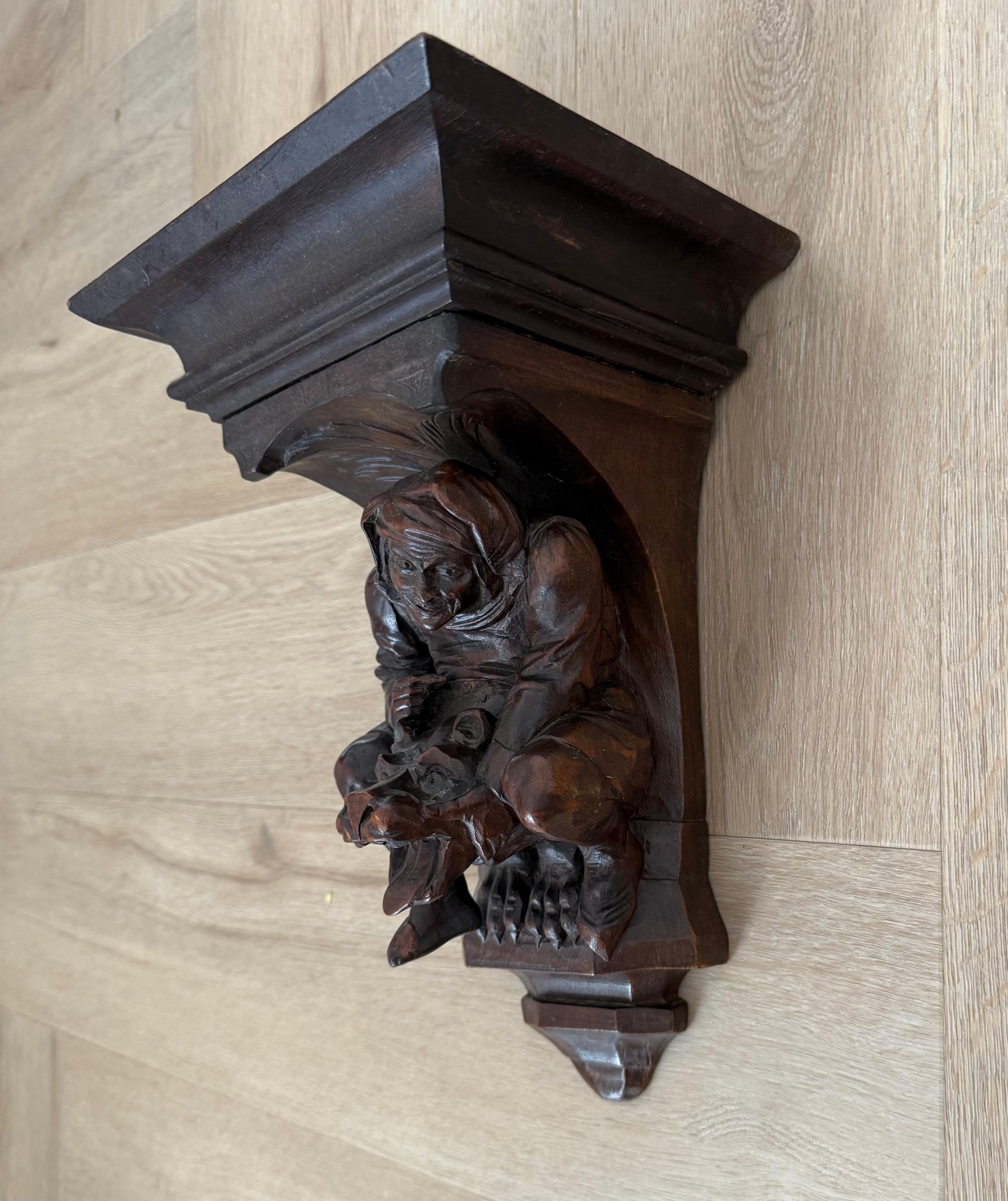 Hand-Carved Rare Antique Gothic Revival Medieval / Chimera Sculpture Wall Bracket or Shelf For Sale