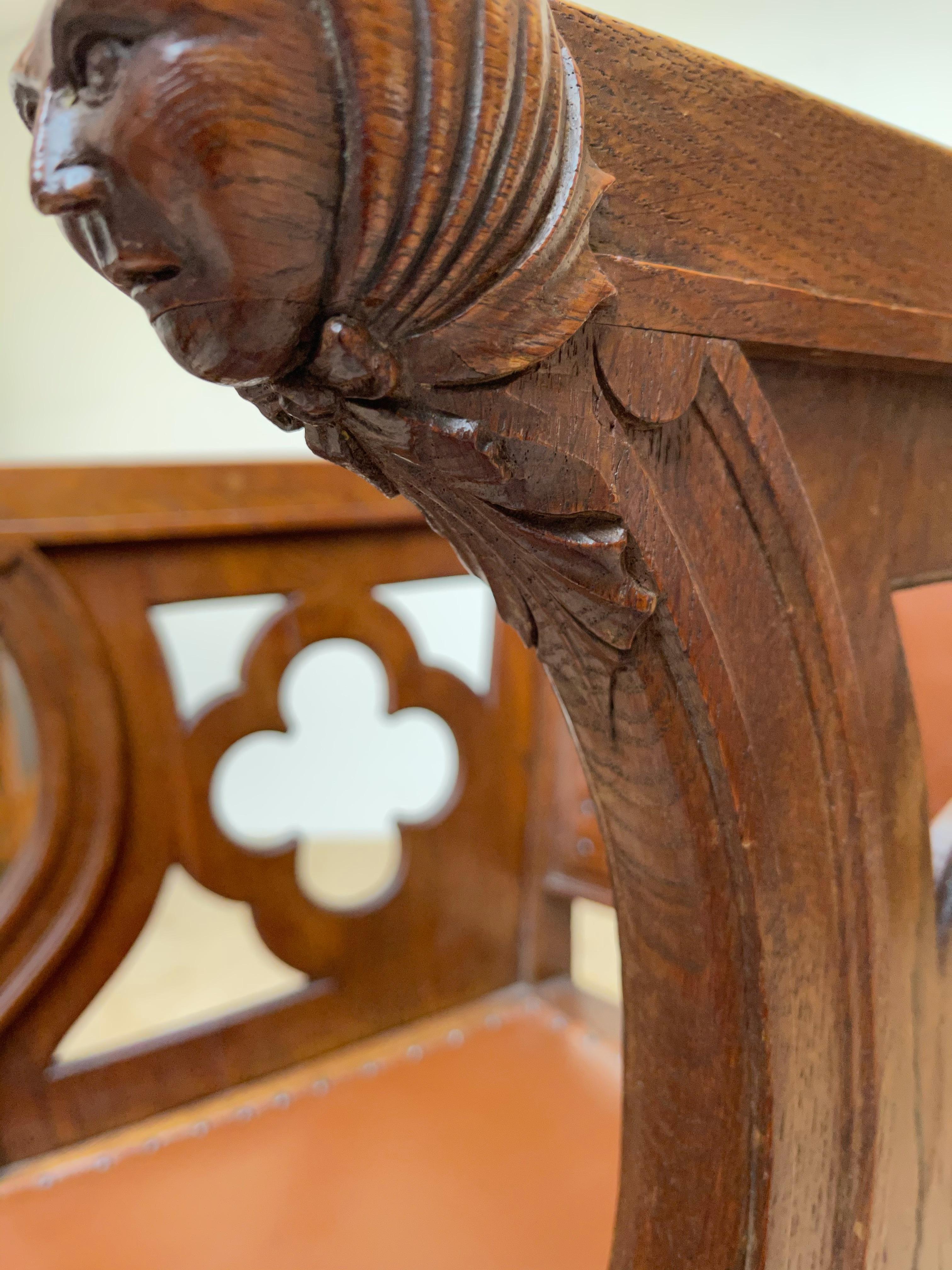 Rare Antique Gothic Revival Oak Armchair Chair w Female Sculptures in Armrests For Sale 6