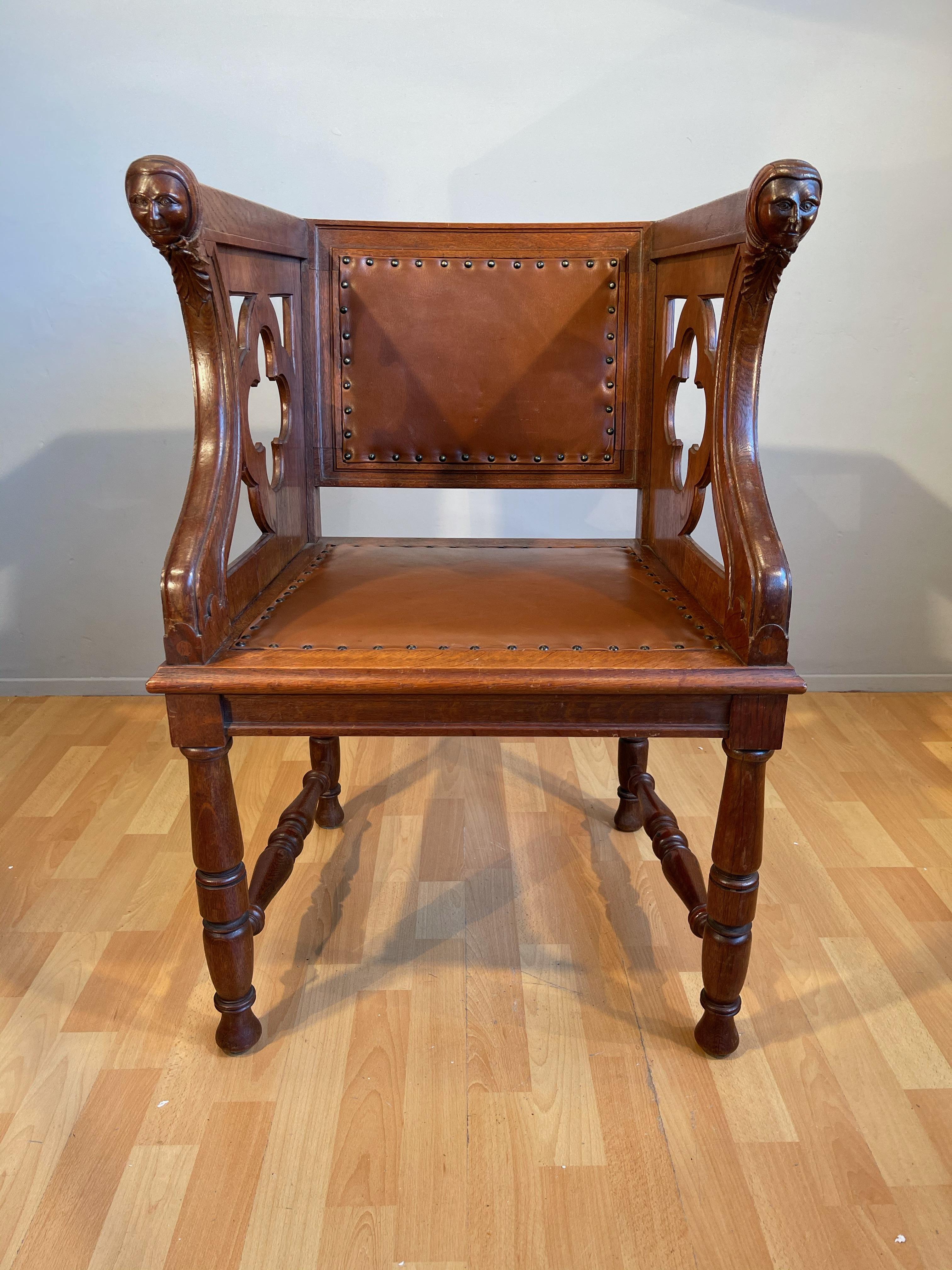 Unique and impressive, Gothic style chair from the late 1800s. 

This rare and solid oak Gothic Revival church chair has a beautiful patination and it is as stabile as the day it was made. The woodwork is in good to excellent condition and this
