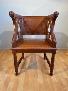 Rare Antique Gothic Revival Oak Armchair Chair w Female Sculptures in Armrests