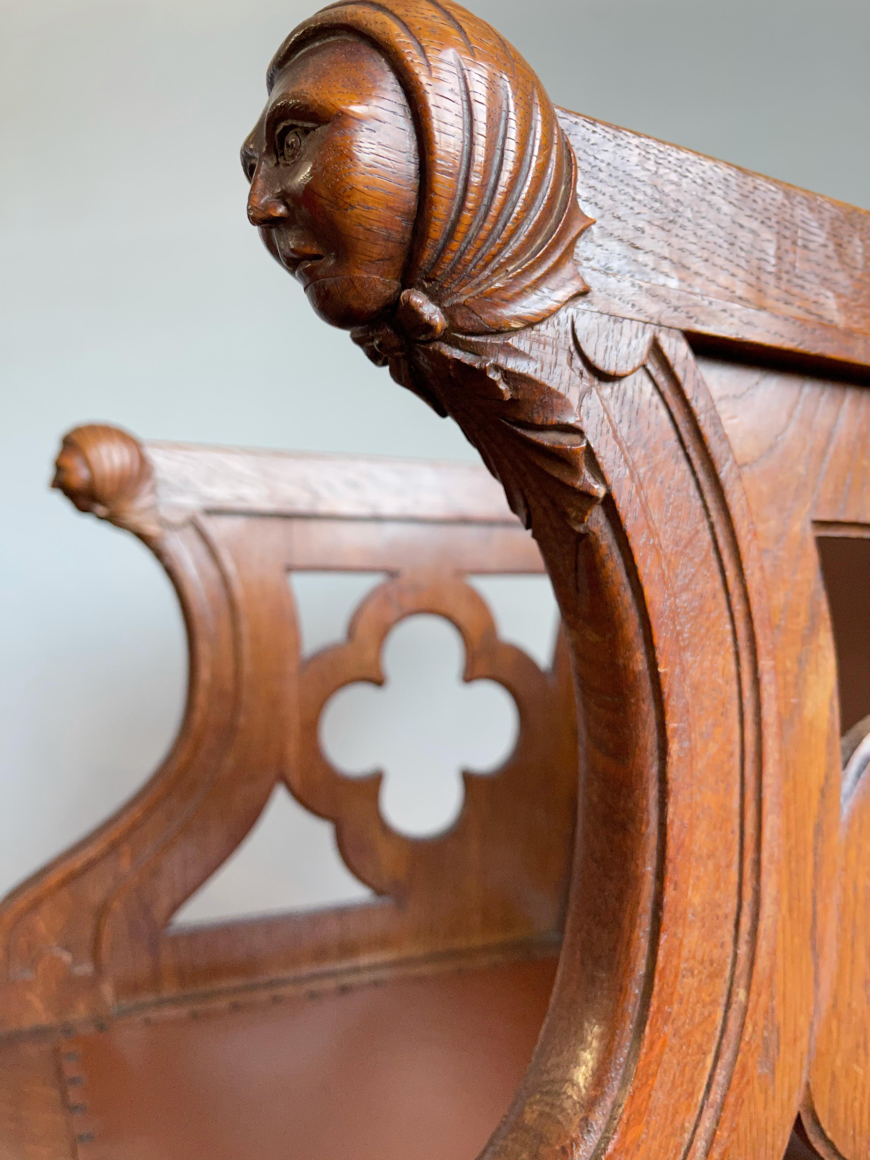 European Rare Antique Gothic Revival Oak Armchair Chair w Female Sculptures in Armrests For Sale