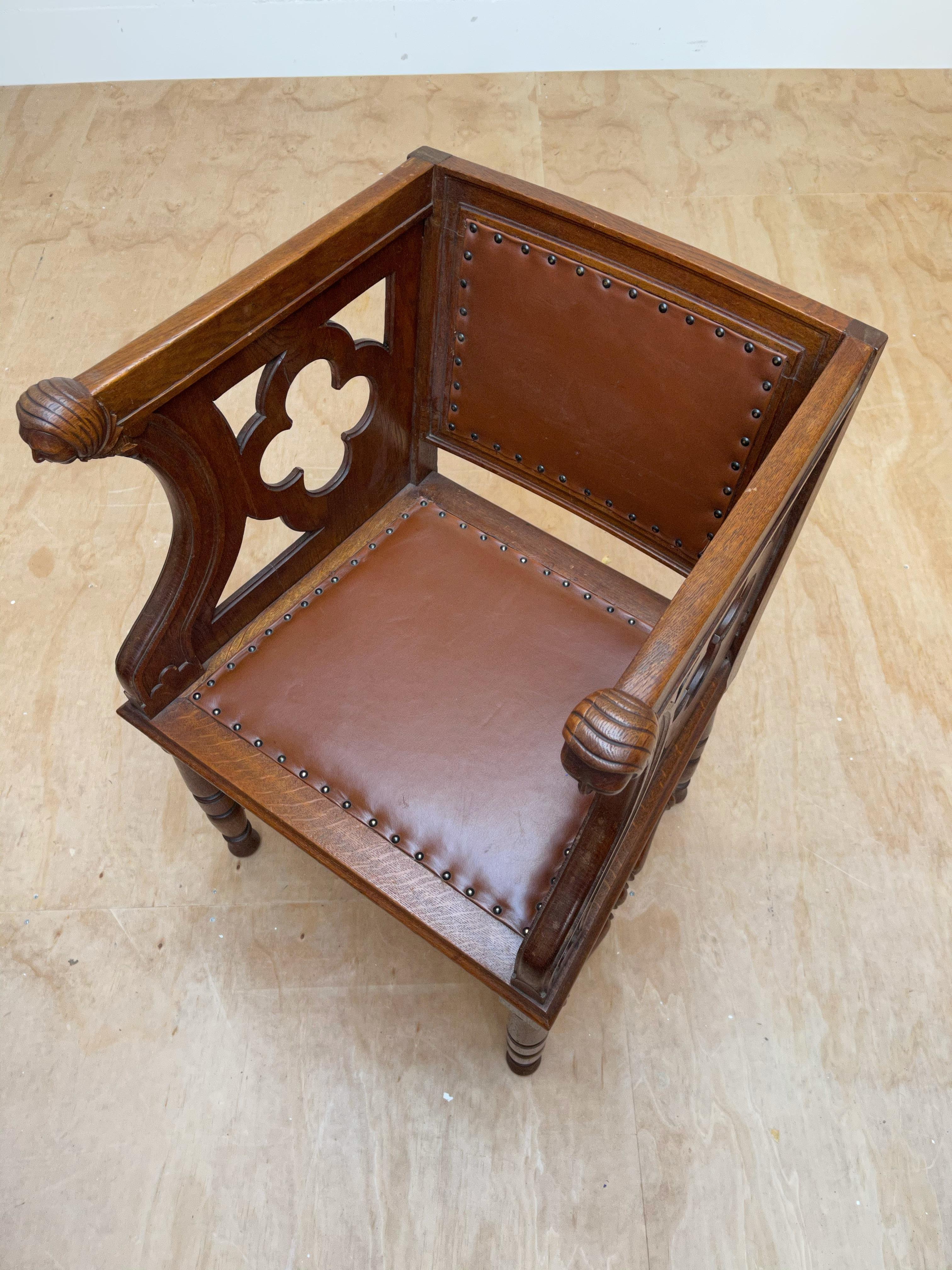 Leather Rare Antique Gothic Revival Oak Armchair Chair w Female Sculptures in Armrests For Sale