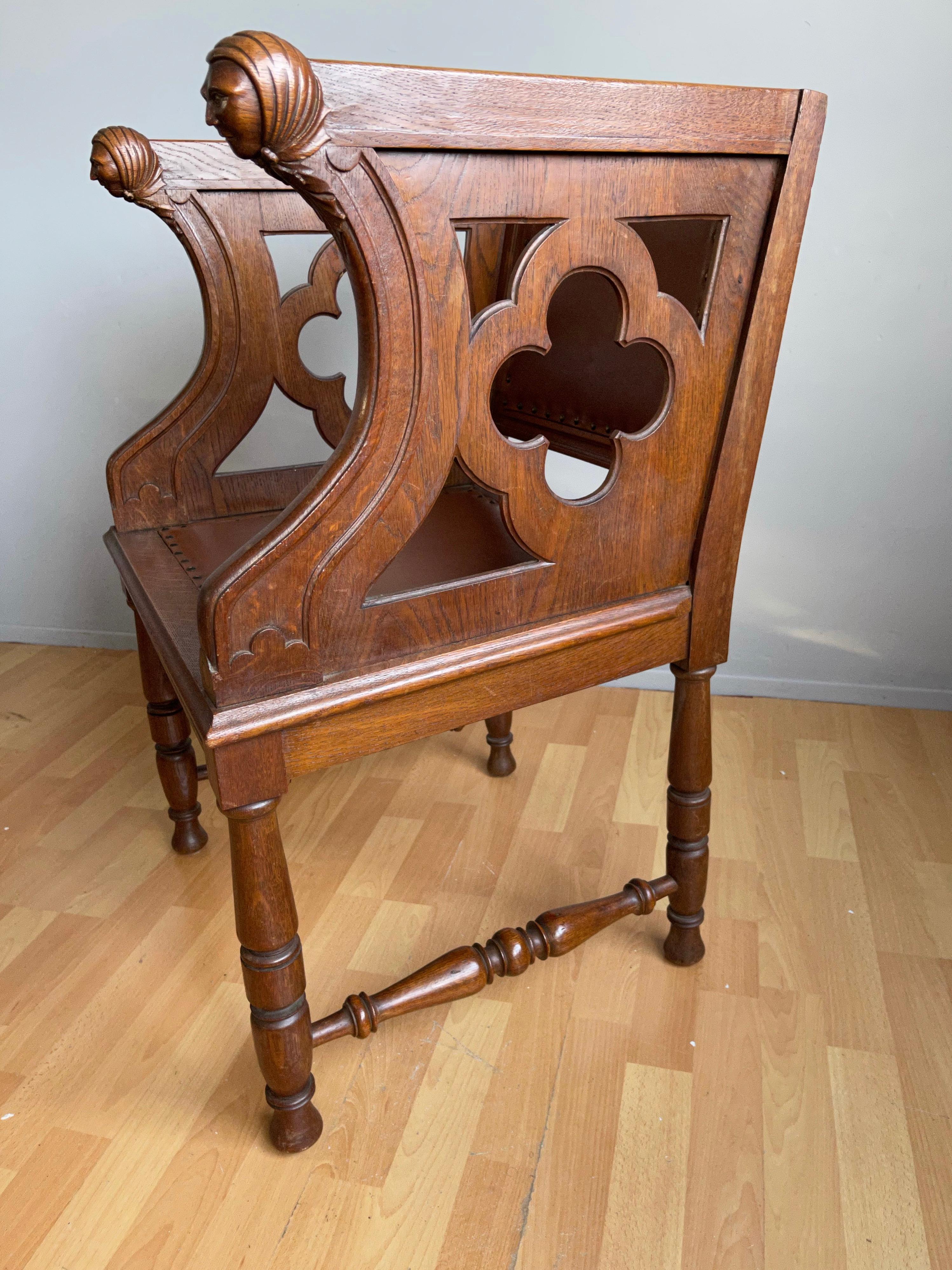 Rare Antique Gothic Revival Oak Armchair Chair w Female Sculptures in Armrests In Excellent Condition For Sale In Lisse, NL