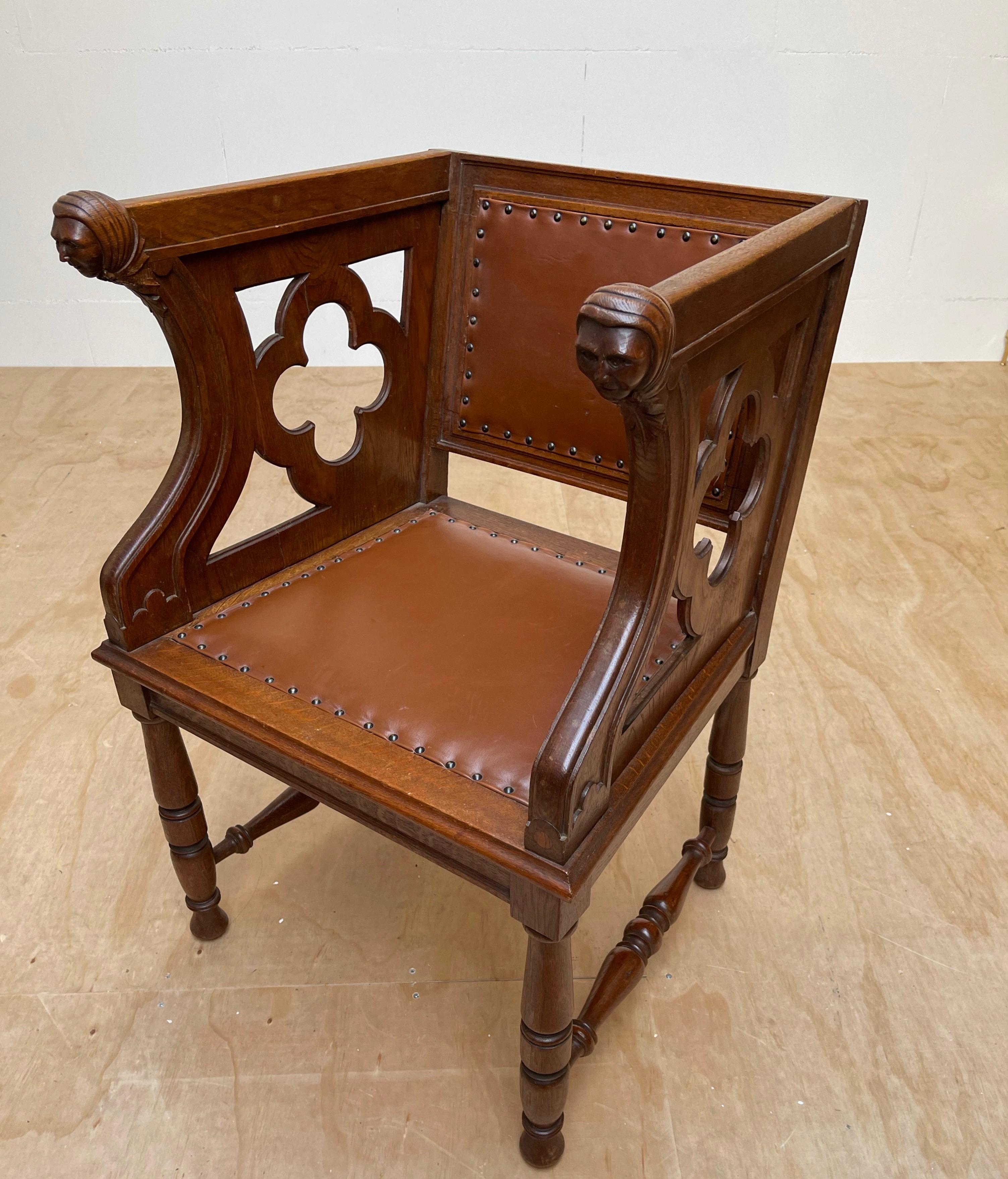 Rare Antique Gothic Revival Oak Armchair Chair w Female Sculptures in Armrests For Sale 11