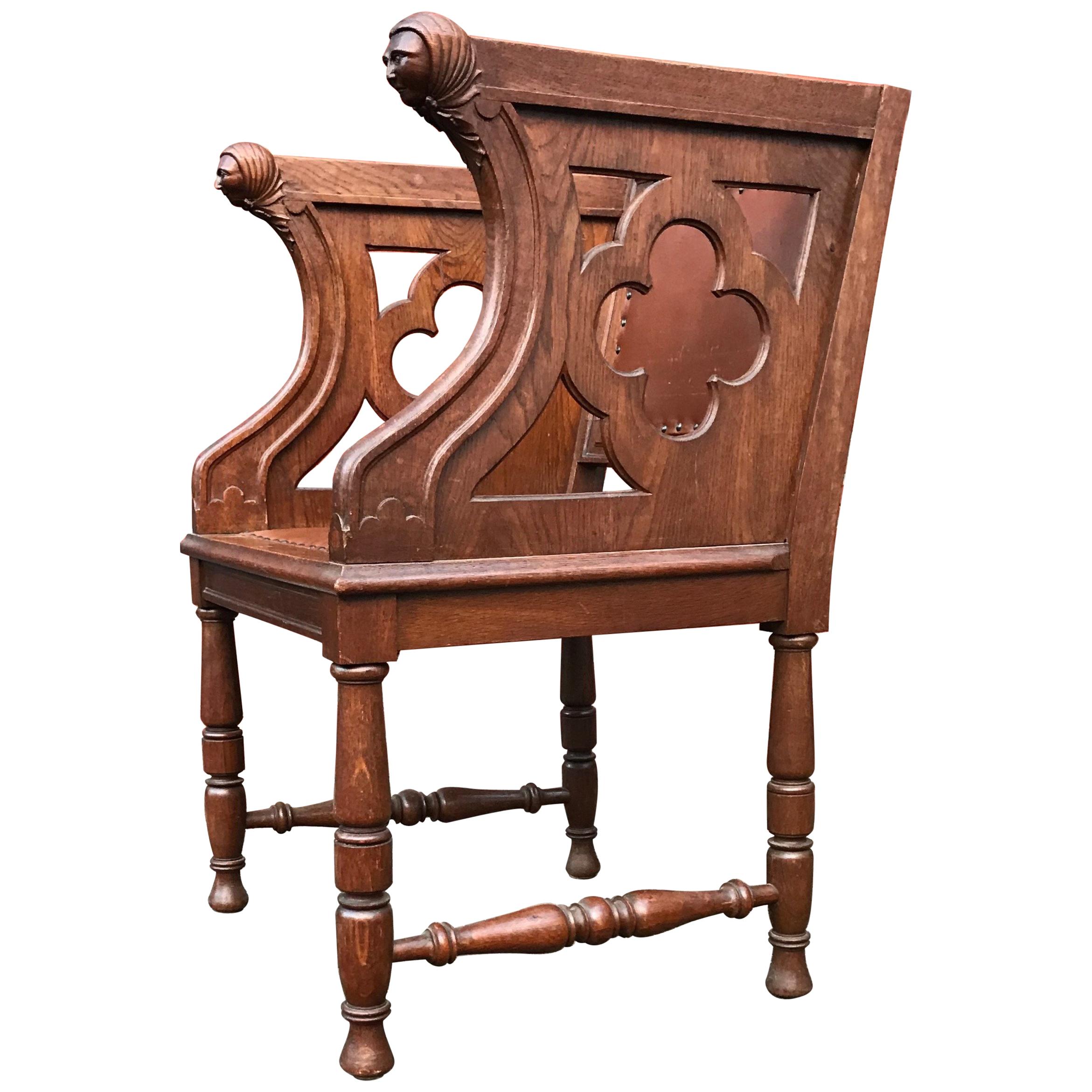 Rare Antique Gothic Revival Oak Armchair Chair w Female Sculptures in Armrests