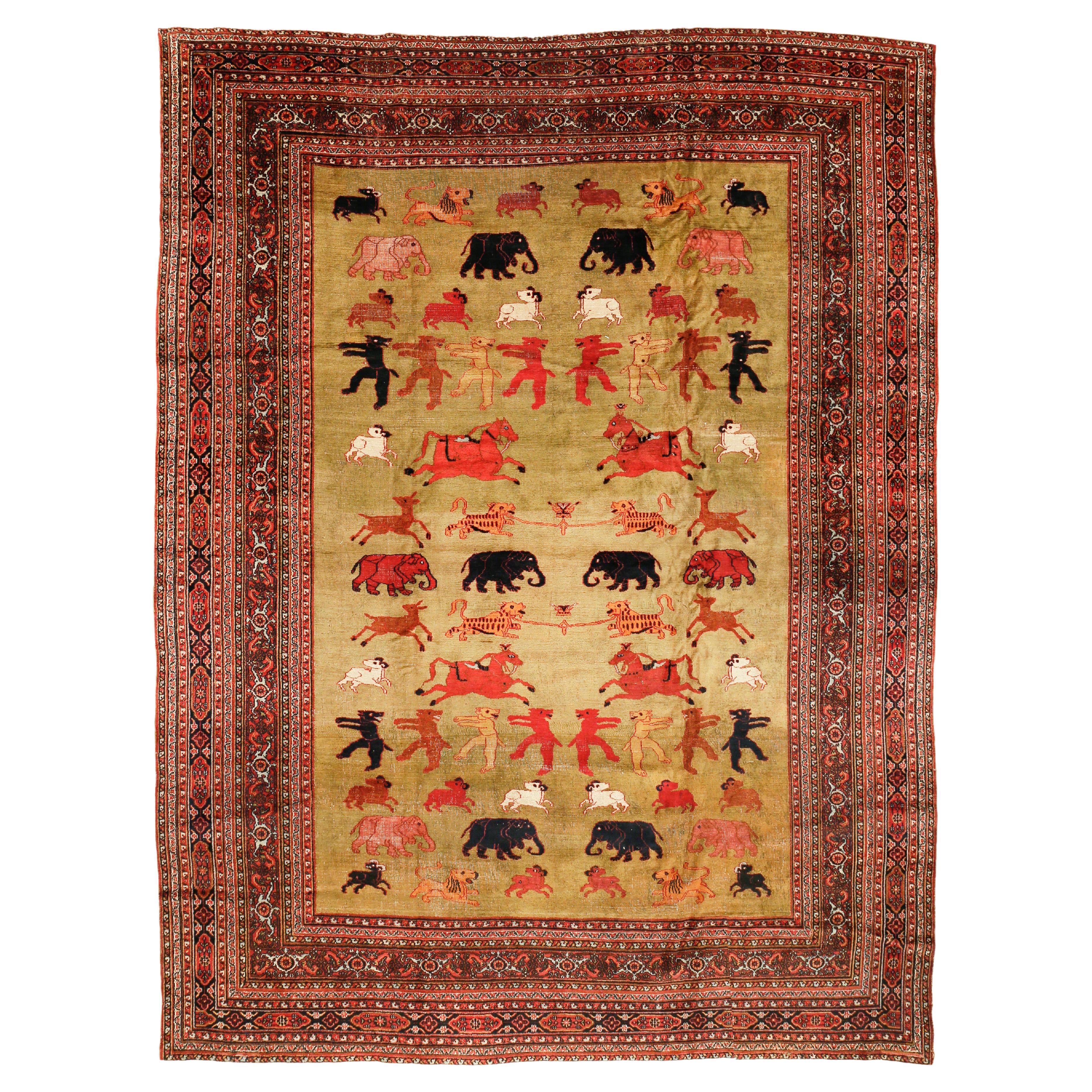 Rare Antique Green Background Khorassan Carpet with Dancing Animals For Sale