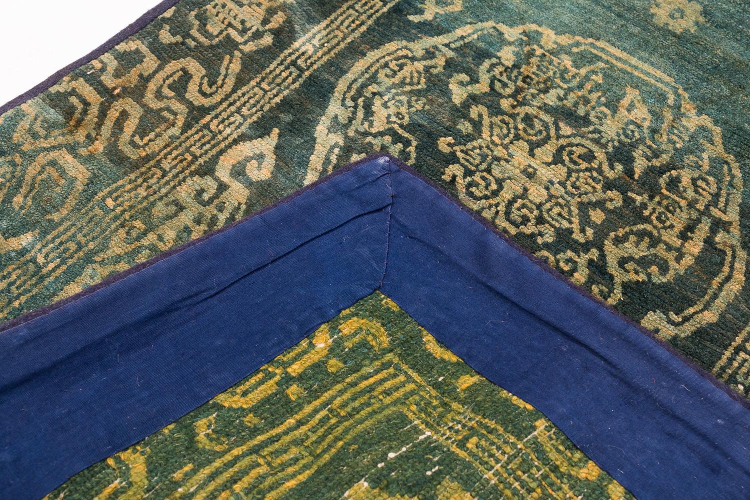 Rare Antique Green Gem Handmade Tibetan Rug with Good Luck Symbols For Sale 4