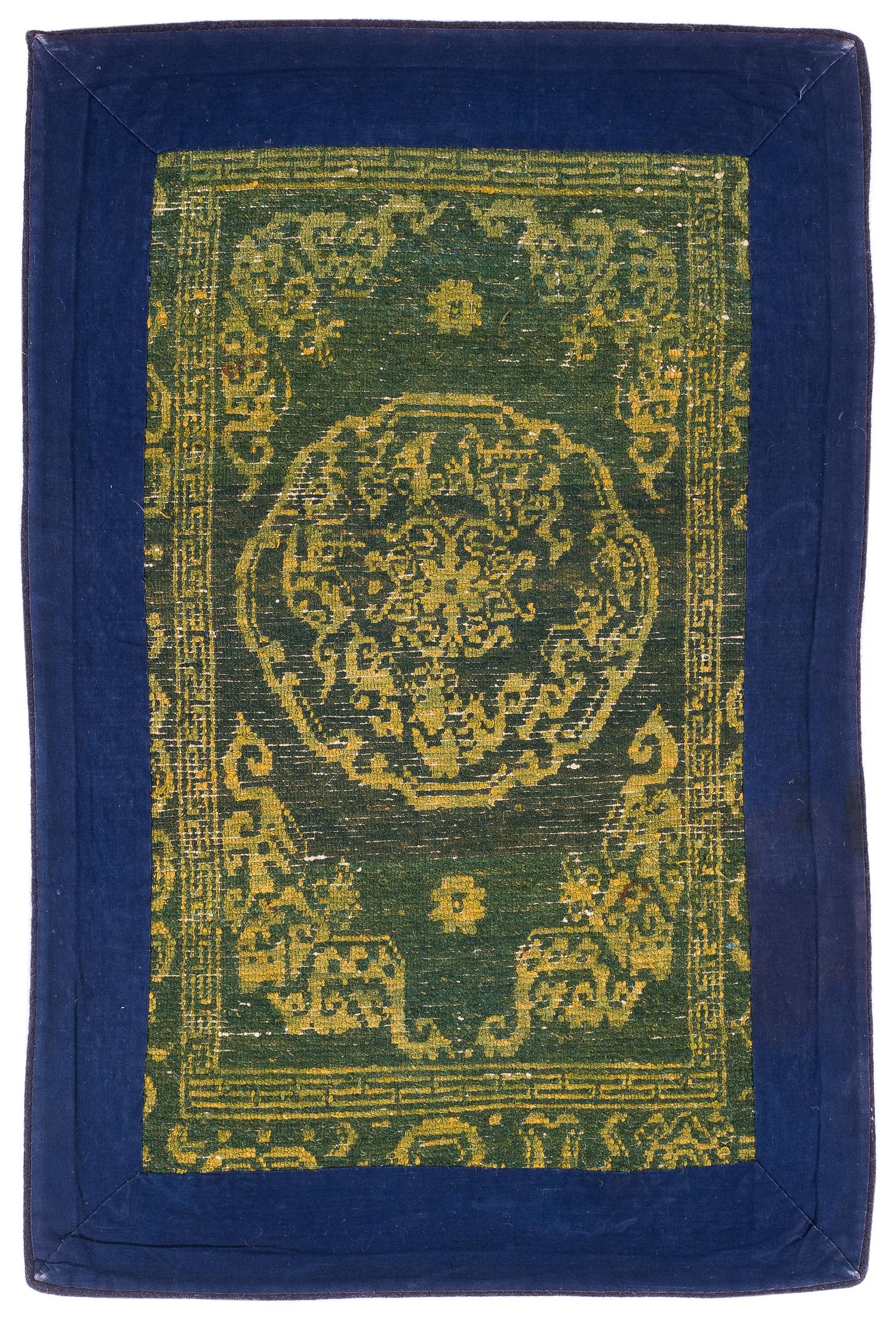 Rare Antique Green Gem Handmade Tibetan Rug with Good Luck Symbols For Sale 5