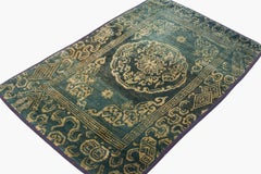 Rare Antique Green Gem Handmade Tibetan Rug with Good Luck Symbols