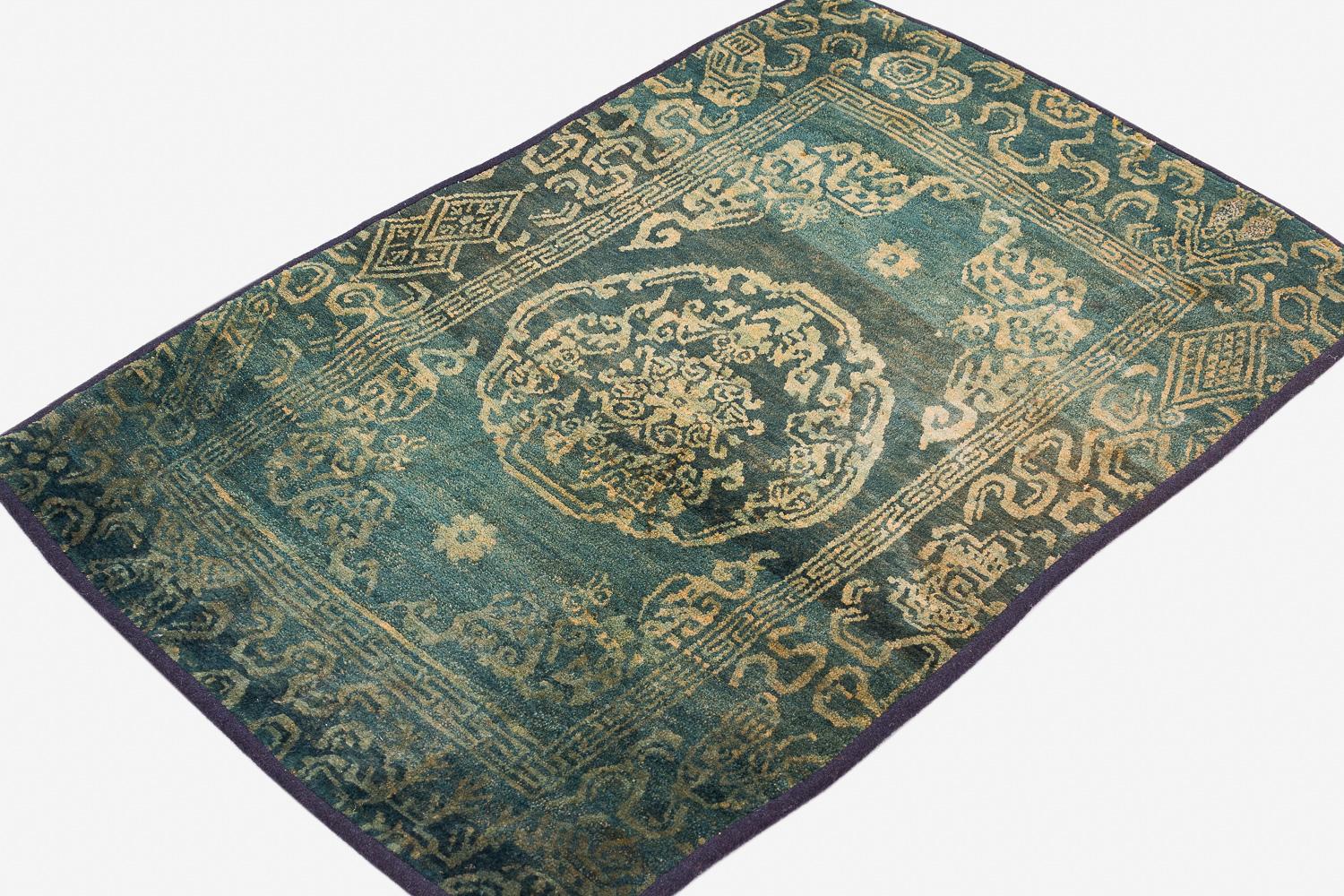 Hand-Woven Rare Antique Green Gem Handmade Tibetan Rug with Good Luck Symbols For Sale
