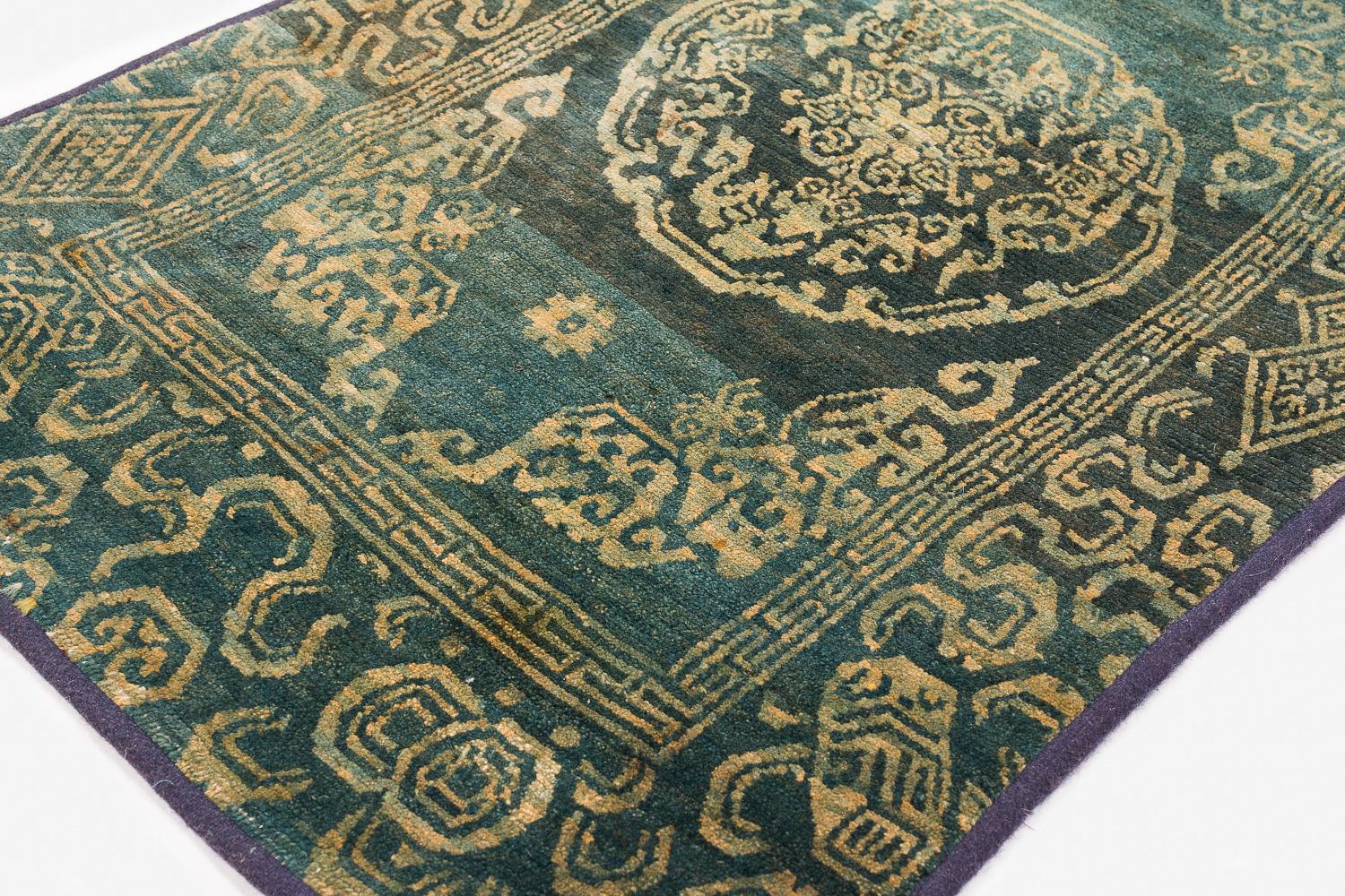 Rare Antique Green Gem Handmade Tibetan Rug with Good Luck Symbols In Good Condition For Sale In New York, NY