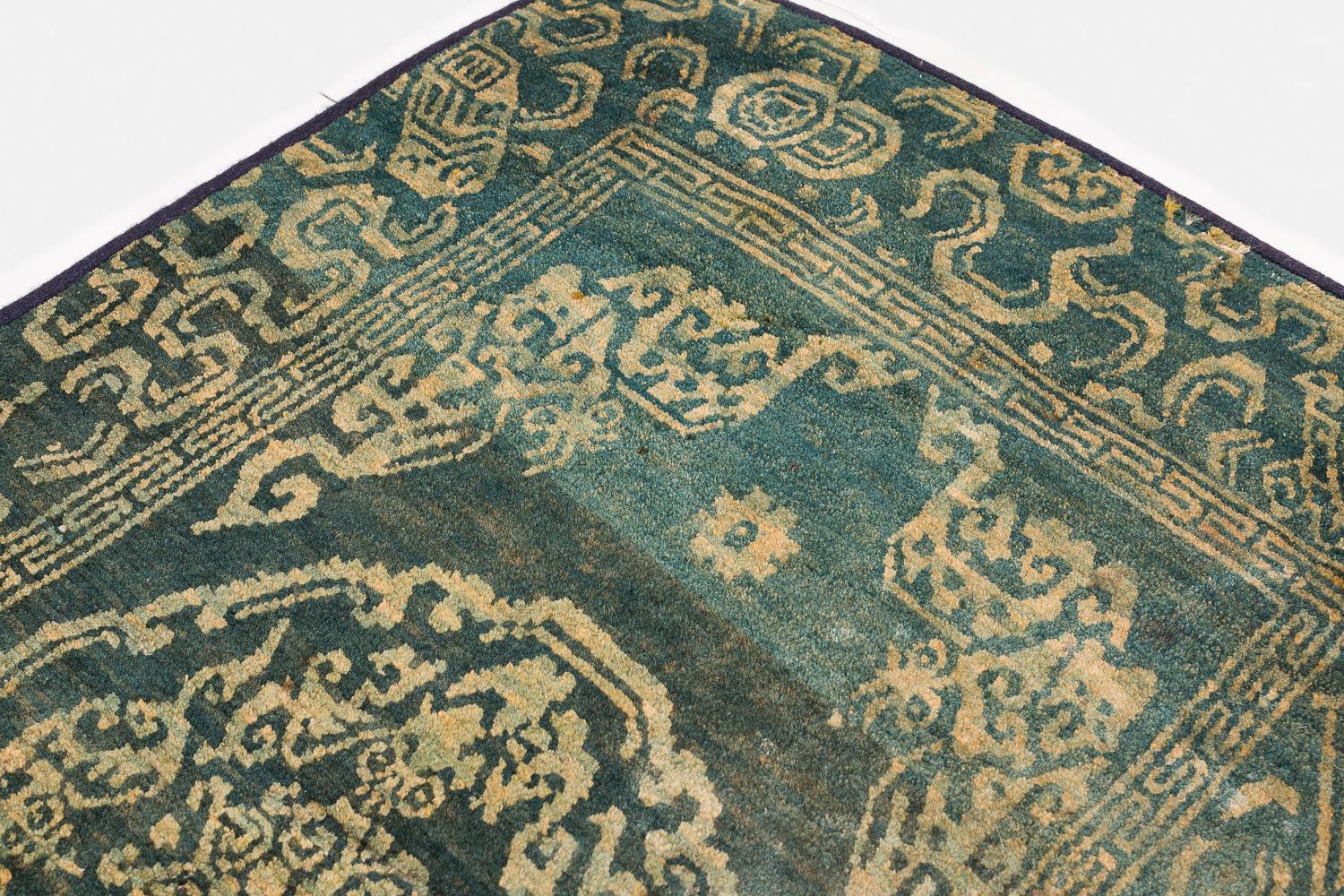 19th Century Rare Antique Green Gem Handmade Tibetan Rug with Good Luck Symbols For Sale