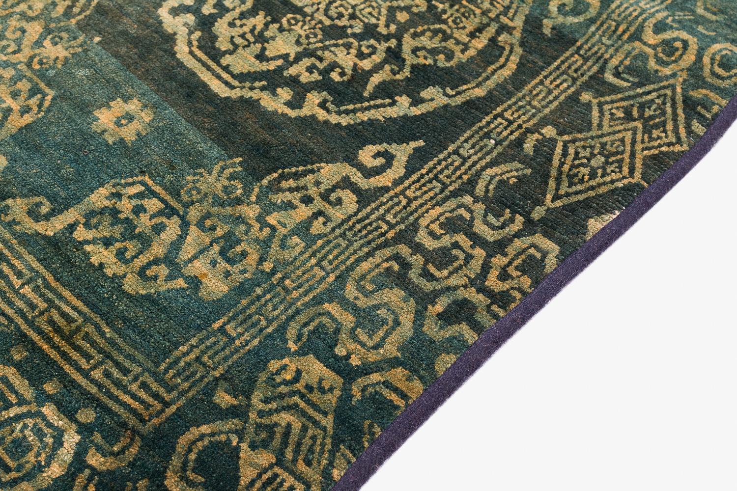 Wool Rare Antique Green Gem Handmade Tibetan Rug with Good Luck Symbols For Sale