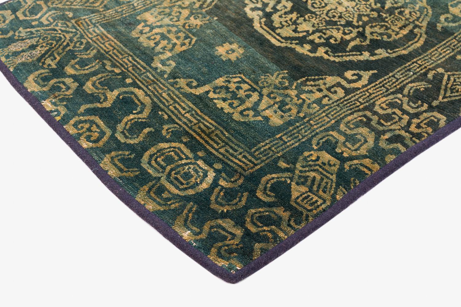 Rare Antique Green Gem Handmade Tibetan Rug with Good Luck Symbols For Sale 1