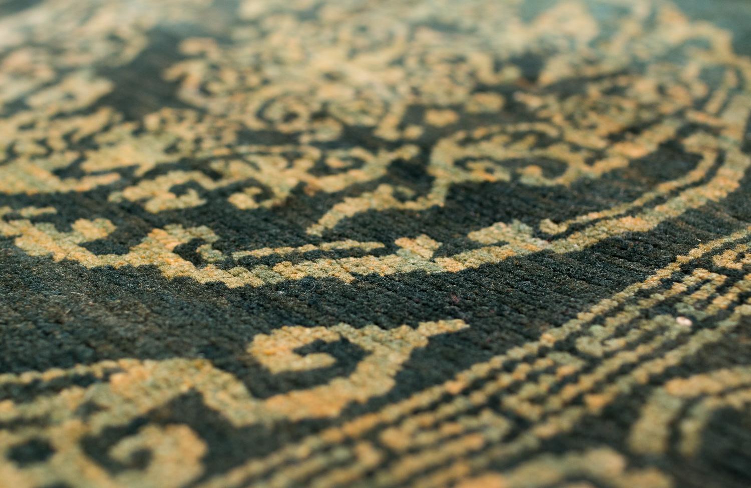 Rare Antique Green Gem Handmade Tibetan Rug with Good Luck Symbols For Sale 2