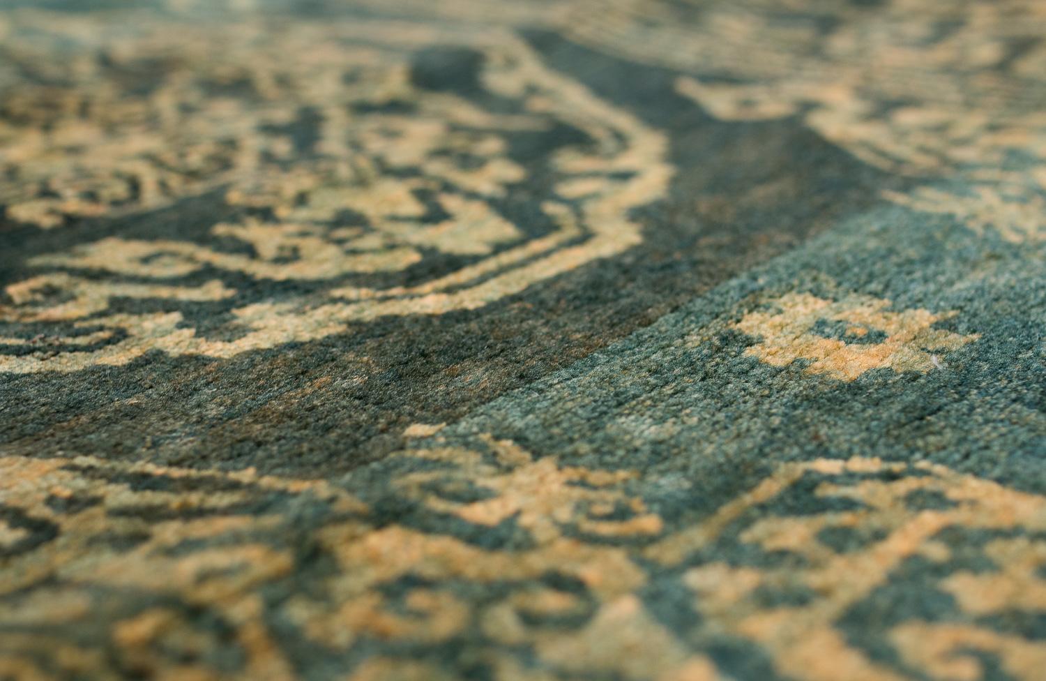 Rare Antique Green Gem Handmade Tibetan Rug with Good Luck Symbols For Sale 3