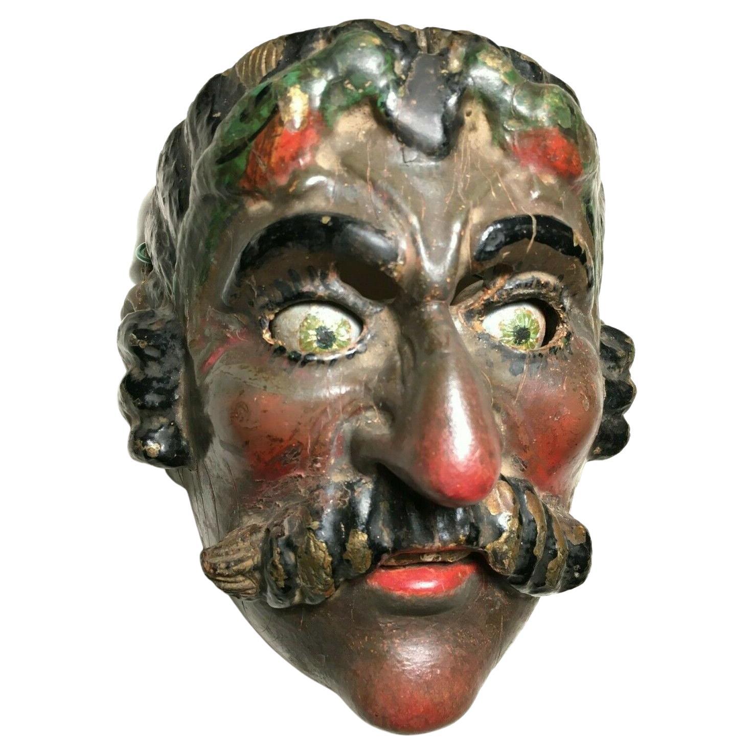 Rare Antique Guatemalan Wooden Dance Mask Patina Spinning Glass Eyes AP Morería! For Sale
