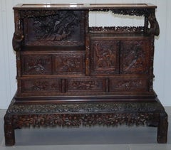 Rare Antique Hand-Carved Chinese Cabinet with Monkeys Sideboard Bookcase Drawers