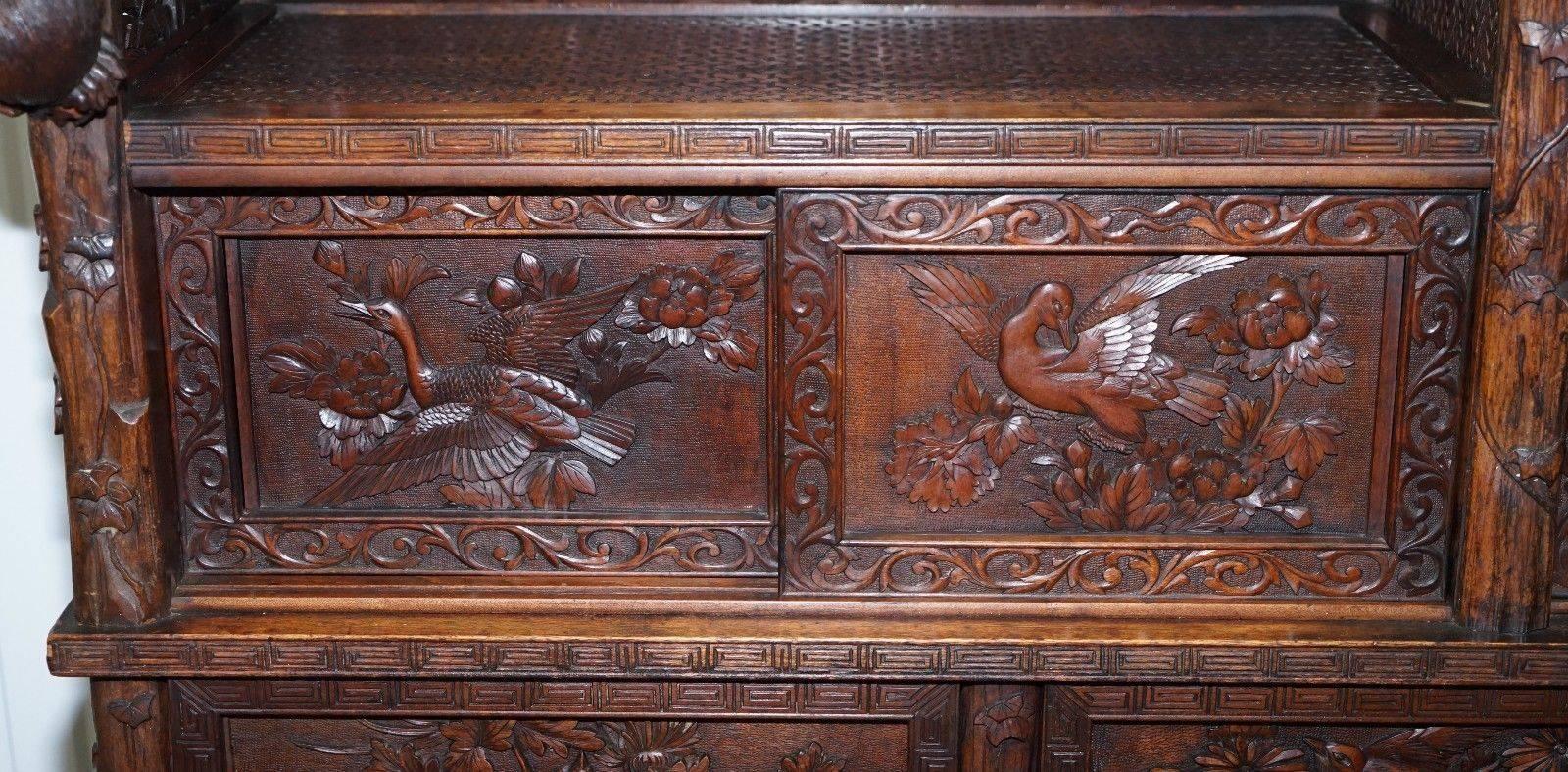 Chinese Export Rare Antique Hand-Carved Chinese Cabinet with Monkeys Sideboard Bookcase Drawers