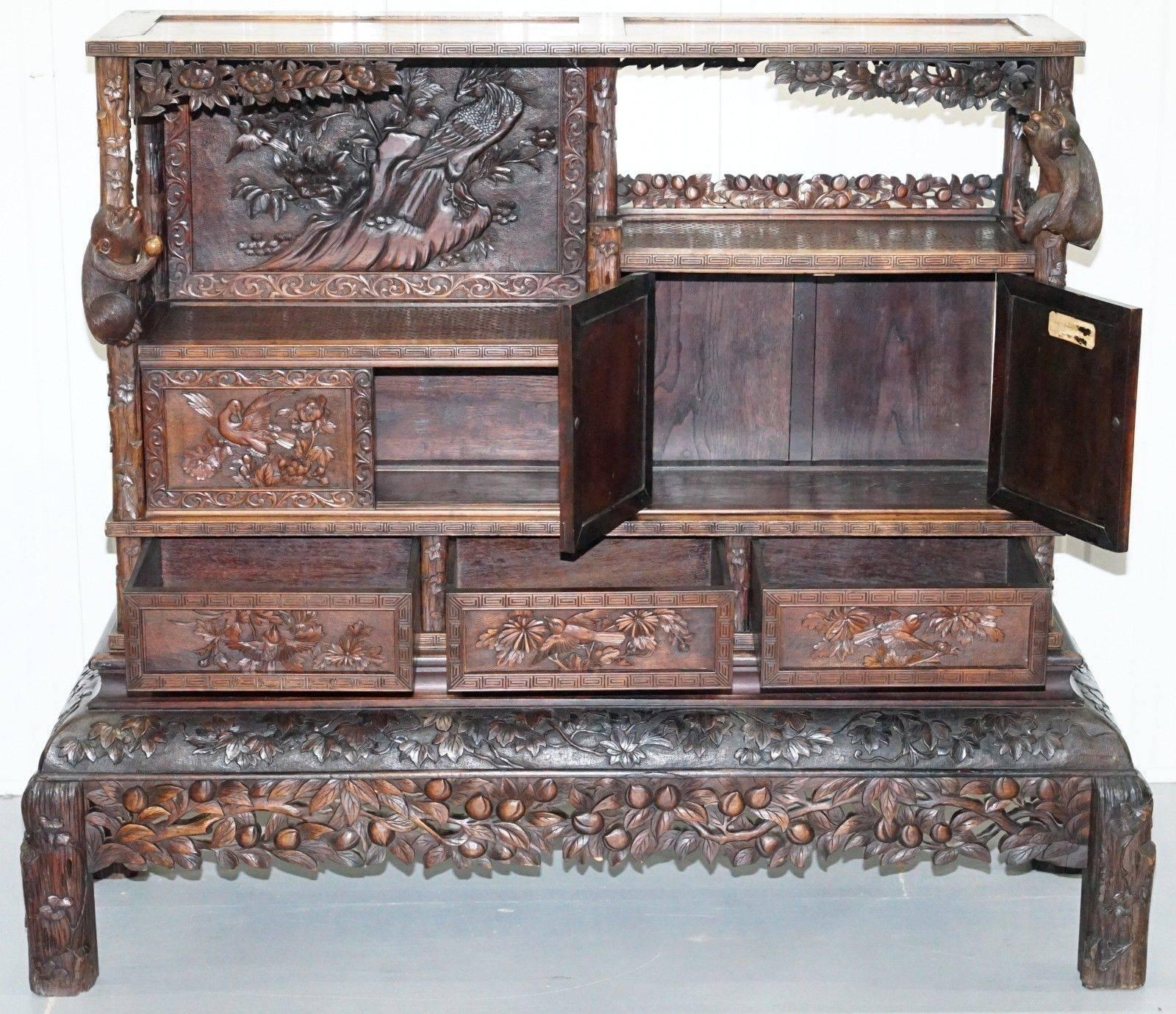Teak Rare Antique Hand-Carved Chinese Cabinet with Monkeys Sideboard Bookcase Drawers