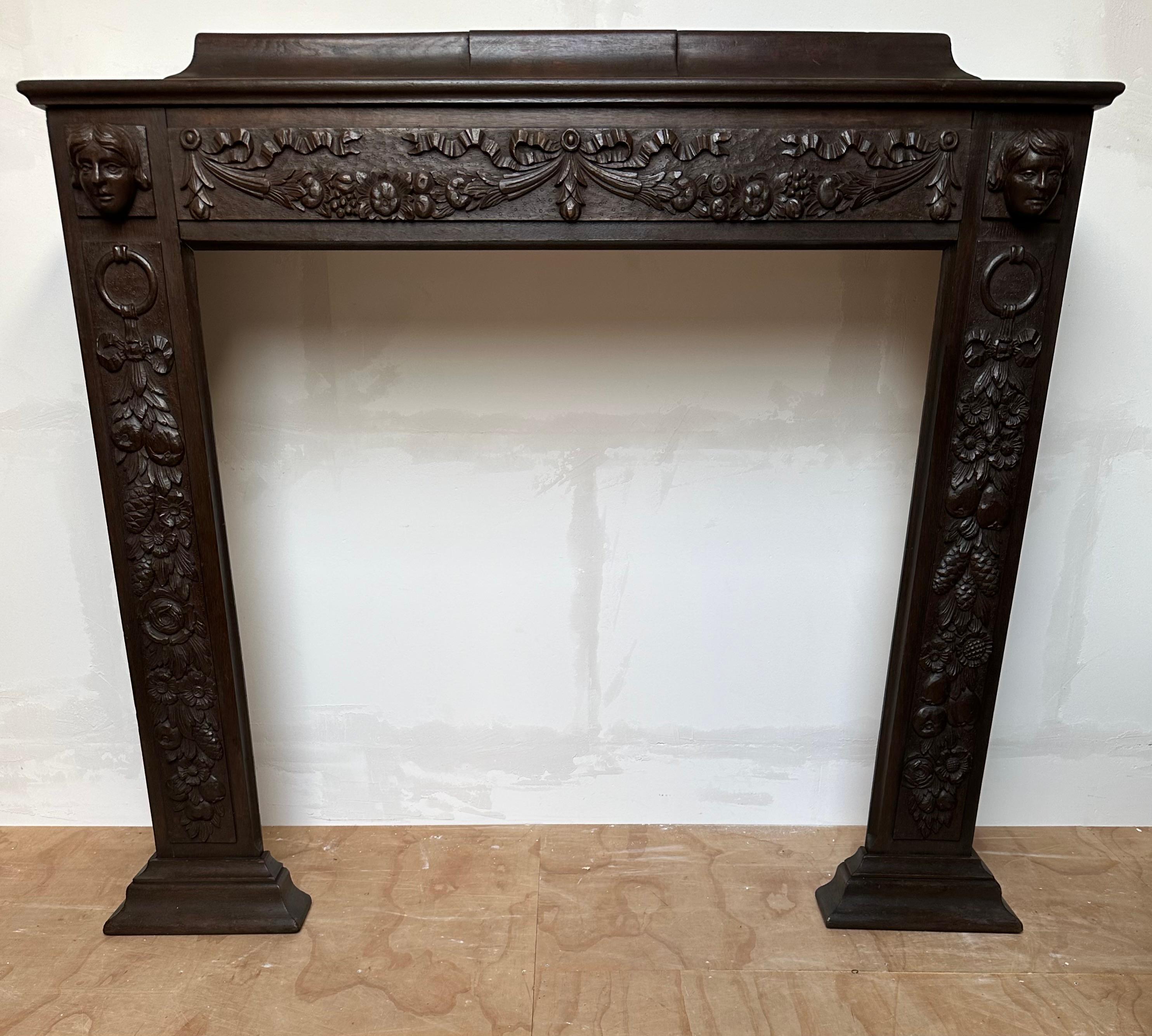 Rare Antique Hand Carved Oak Fireplace Mantel Surround w. Horns of Plenty & More For Sale 11