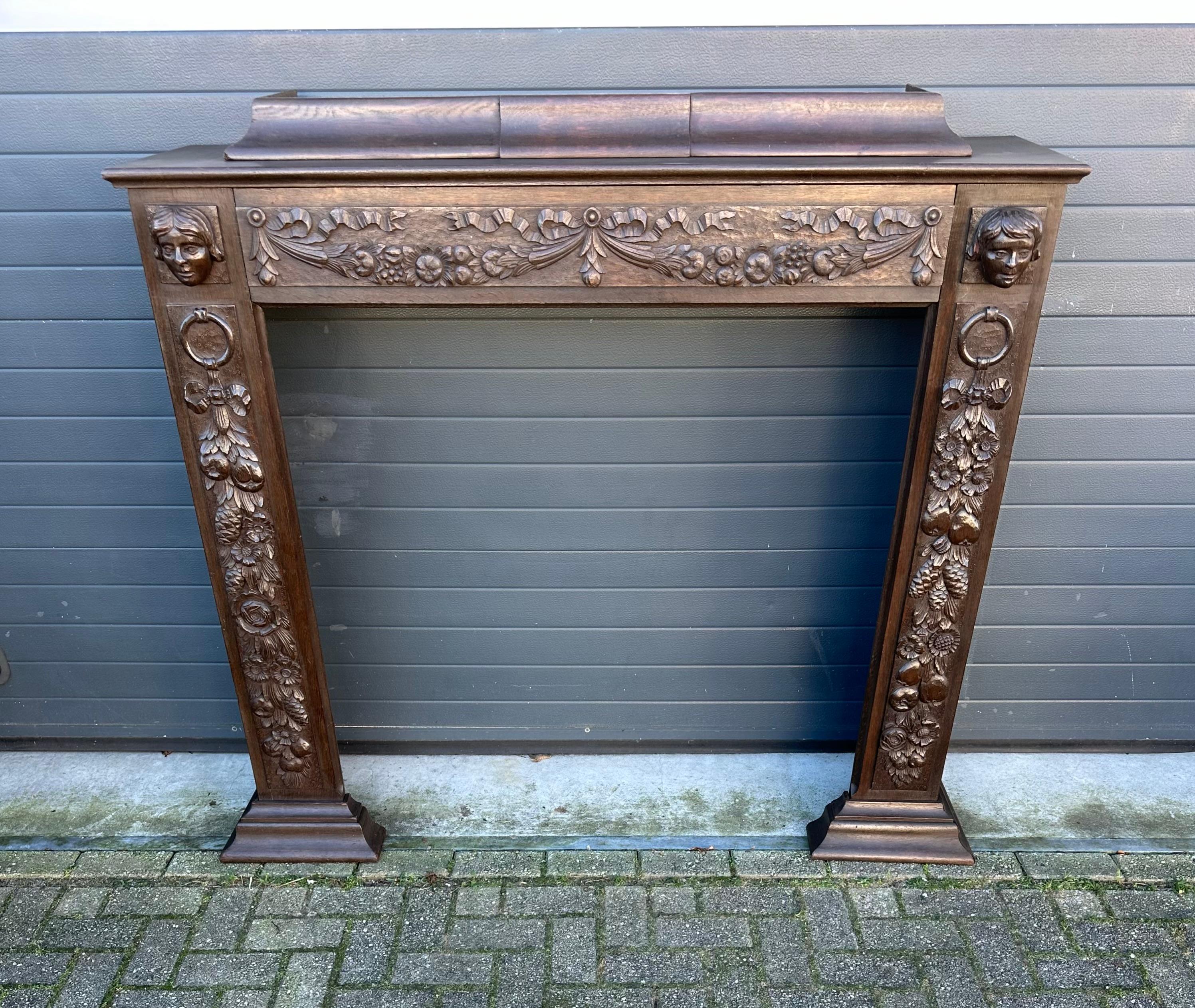 Hand-Carved Rare Antique Hand Carved Oak Fireplace Mantel Surround w. Horns of Plenty & More For Sale