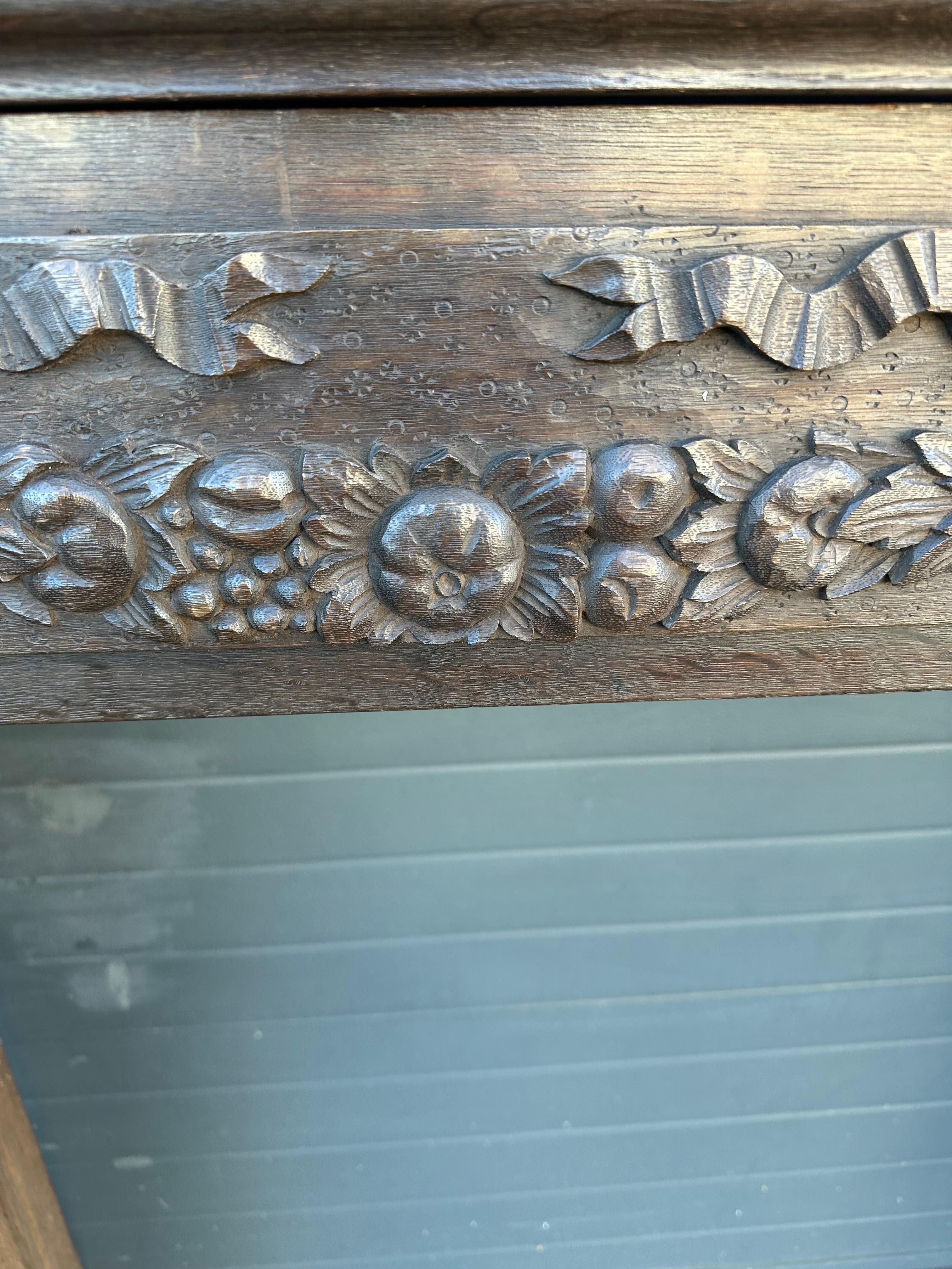 Rare Antique Hand Carved Oak Fireplace Mantel Surround w. Horns of Plenty & More For Sale 1