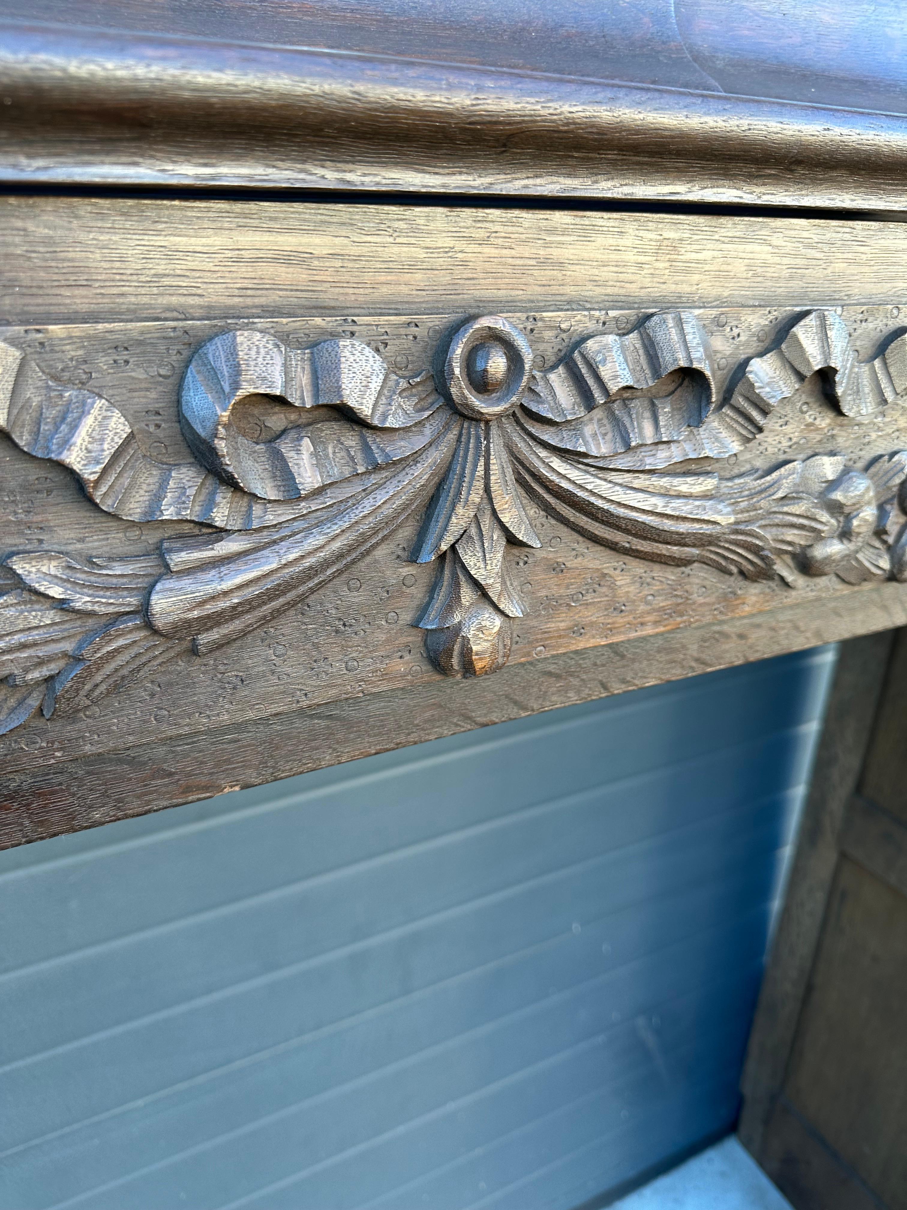 Rare Antique Hand Carved Oak Fireplace Mantel Surround w. Horns of Plenty & More For Sale 2