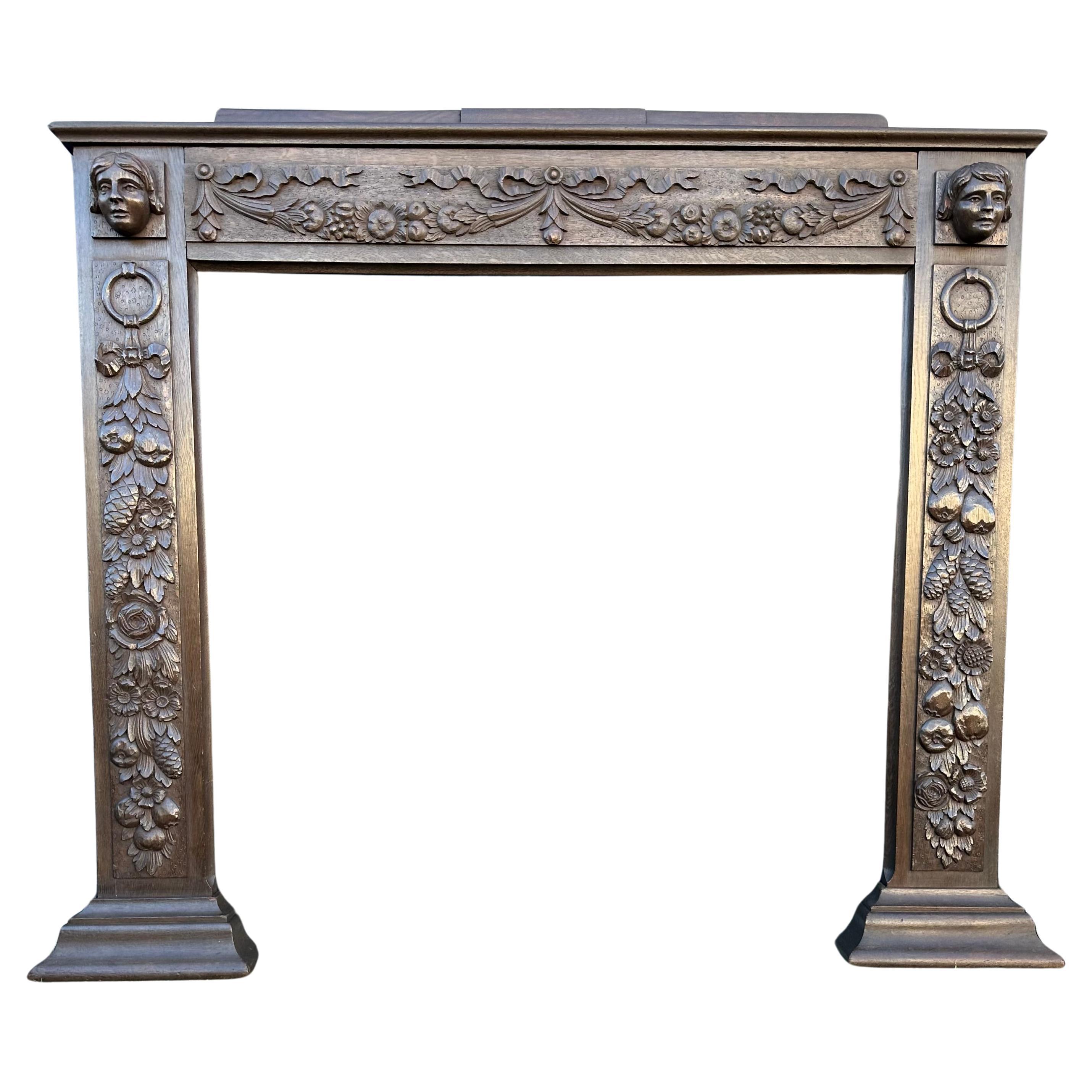 Rare Antique Hand Carved Oak Fireplace Mantel Surround w. Horns of Plenty & More For Sale