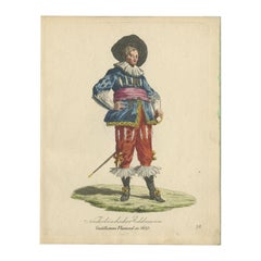 Raro grabado antiguo coloreado a mano de un noble holandés en 1620, publicado en 1805
