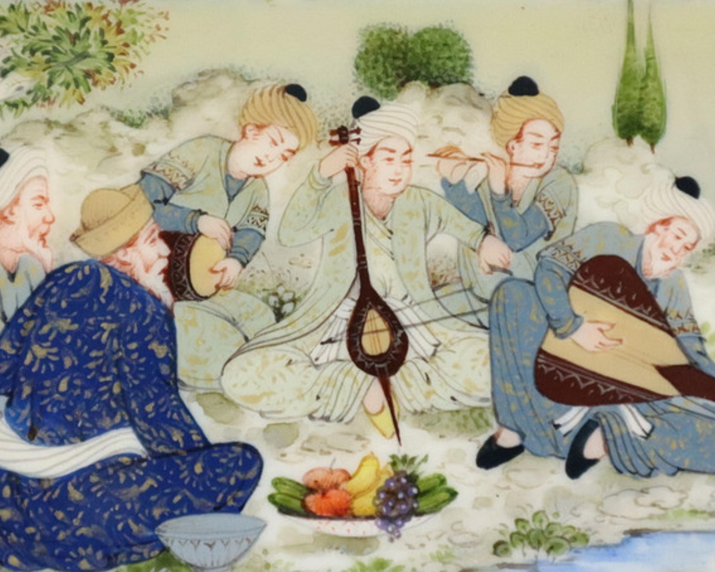 Raro oggetto antico dipinto a mano  Scatola in miniatura Multi Music Figure Jewlery Box Oro in vendita 3