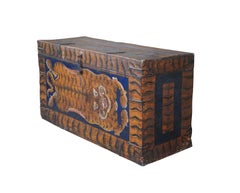 Rare Antique Hand Painted Tibetan Lacquered Tiger Trunk Storage Blanket Chest